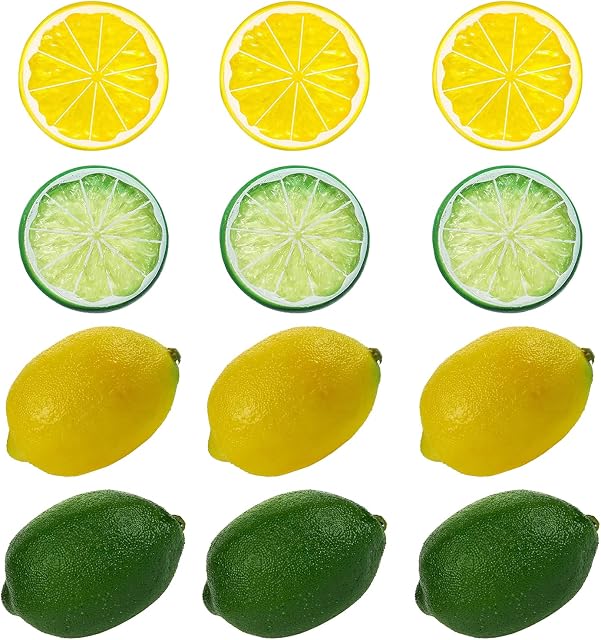 Lemon Fake Fruits, 6 pcs Realistic Yellow Artificial Lemons Green Limes and 6 pcs Plastic Lemon Slices Fake Fruit Party Lemon Decor for Kitchen Hotel Bar Cafe