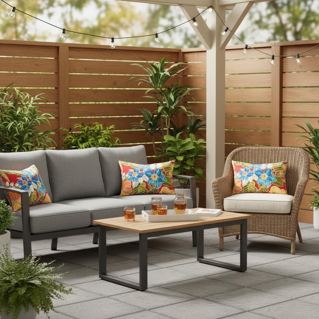 Set of 2 Outdoor Throw Pillows 19 x 12 Inch – Reversible Rectangle Patio Accent Pillows – Weather-Resistant Polyester Fabric – Eco-Friendly Recycled Polyfiber Fill – Aloha Red Floral