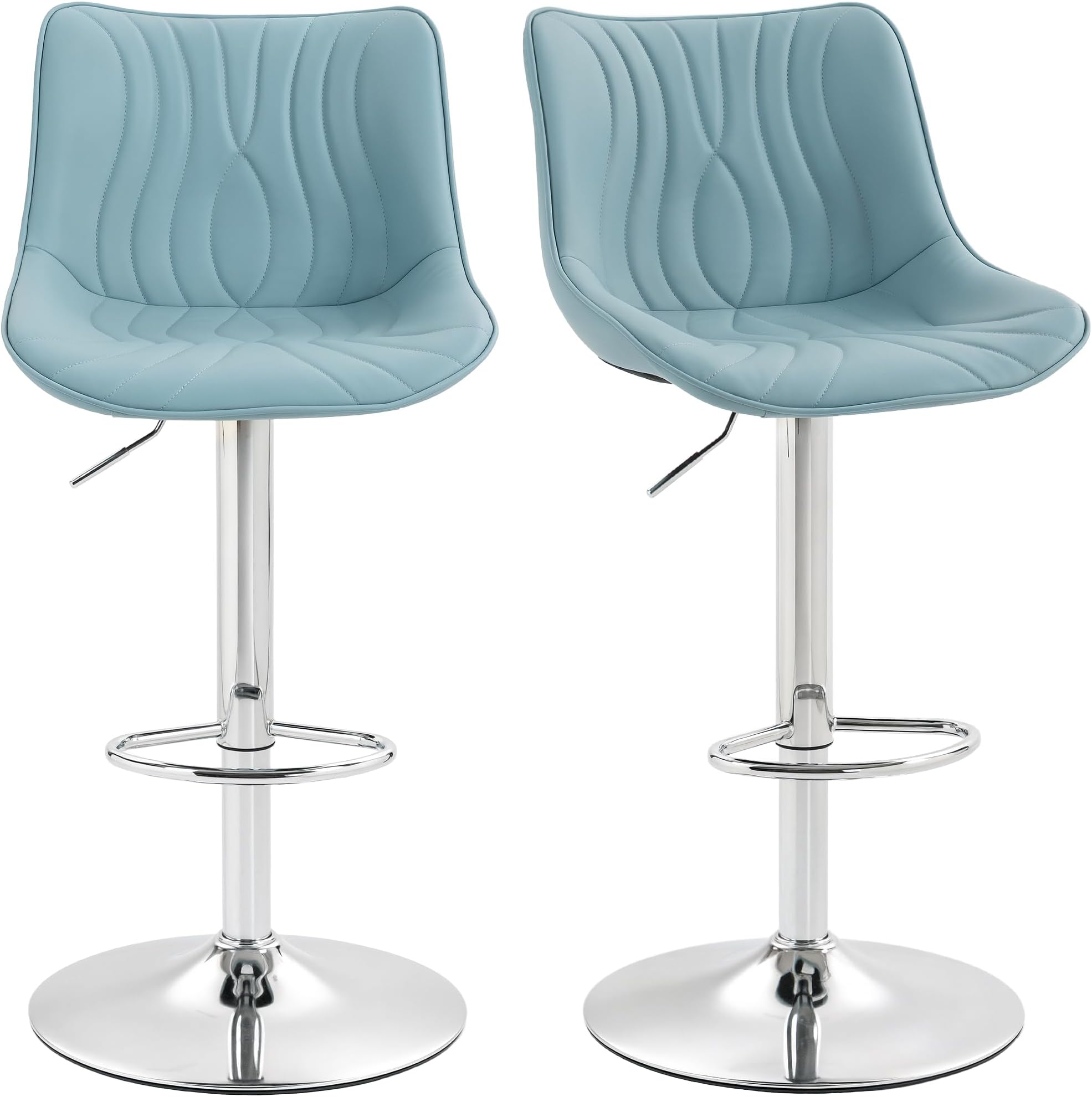 Set of 2 Bar Stools Steel Frame Height Adjustable 92-110 cm High Chairs with Backrest and Footrest Modern Design Polyurethane Seat Dark Blue
