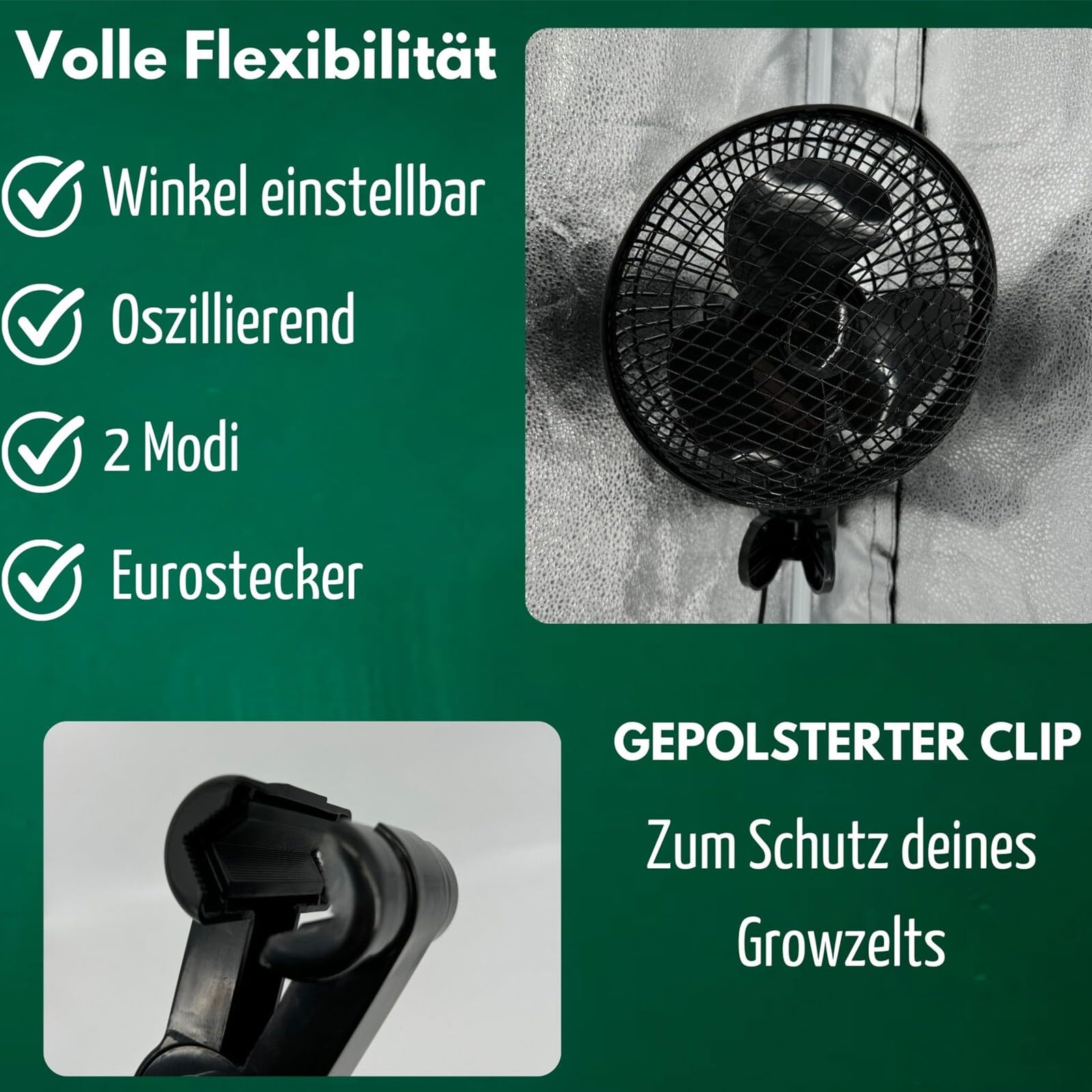Grow Ventilator Oszillierend, 20 W Clip Ventilator Klemmbar, für Grow Zelt (1 Stück)