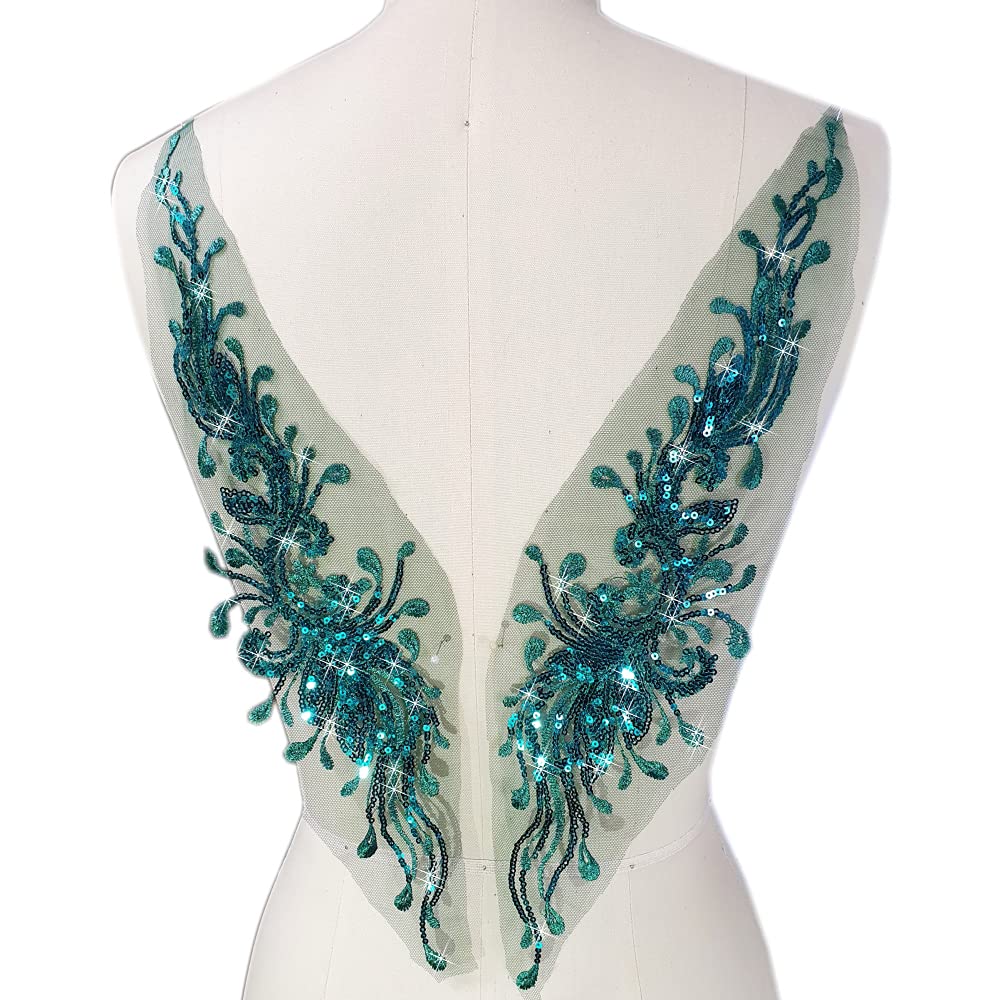 succi shan French and African Nigerian Lace Patches Sequins Stylist DIY Fabric Appliques Couture for Couture, Prom Costumesl,Bodice Suits Design (Green, C-4x16 inch)