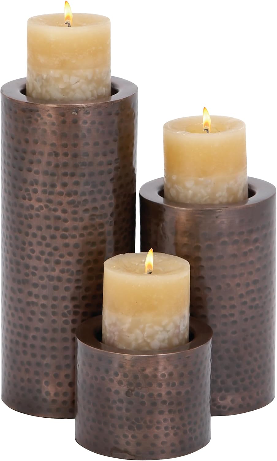 Deco 79 Metal Handmade Decorative Candle Holder Pillar Candle Stand, Set of 3 Candlestick Holder 11", 7", 4"H, Brown