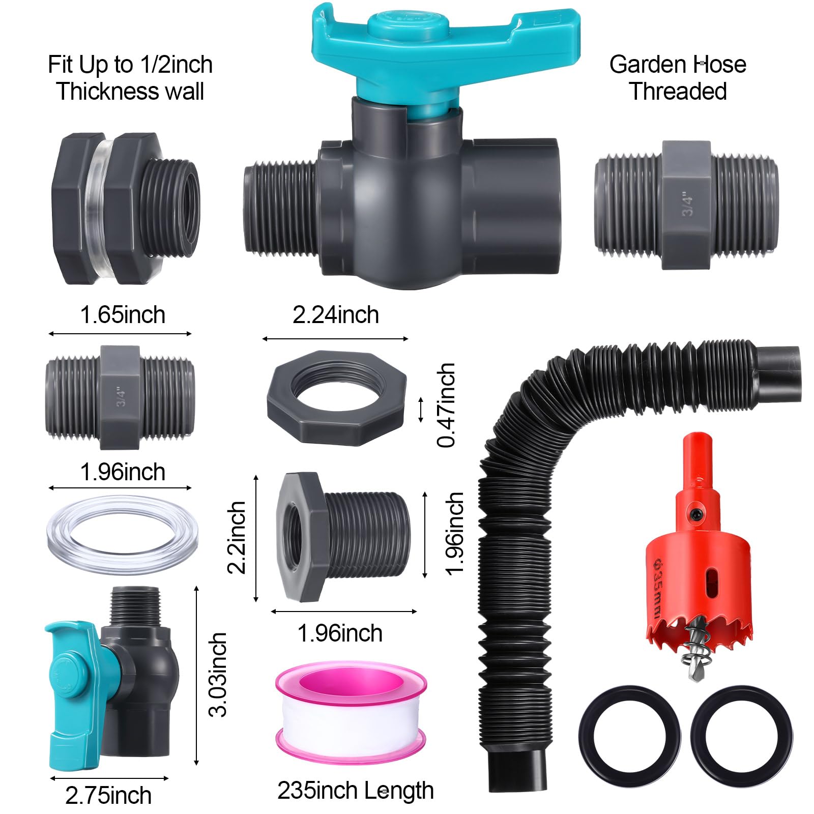 2 set di connettori deviatori da 3/4 pollici, per barile d'acqua in PVC, kit di connettori per tubo flessibile e adattatore per rubinetto e nastro sigillante per casa, esterno (stile semplice)