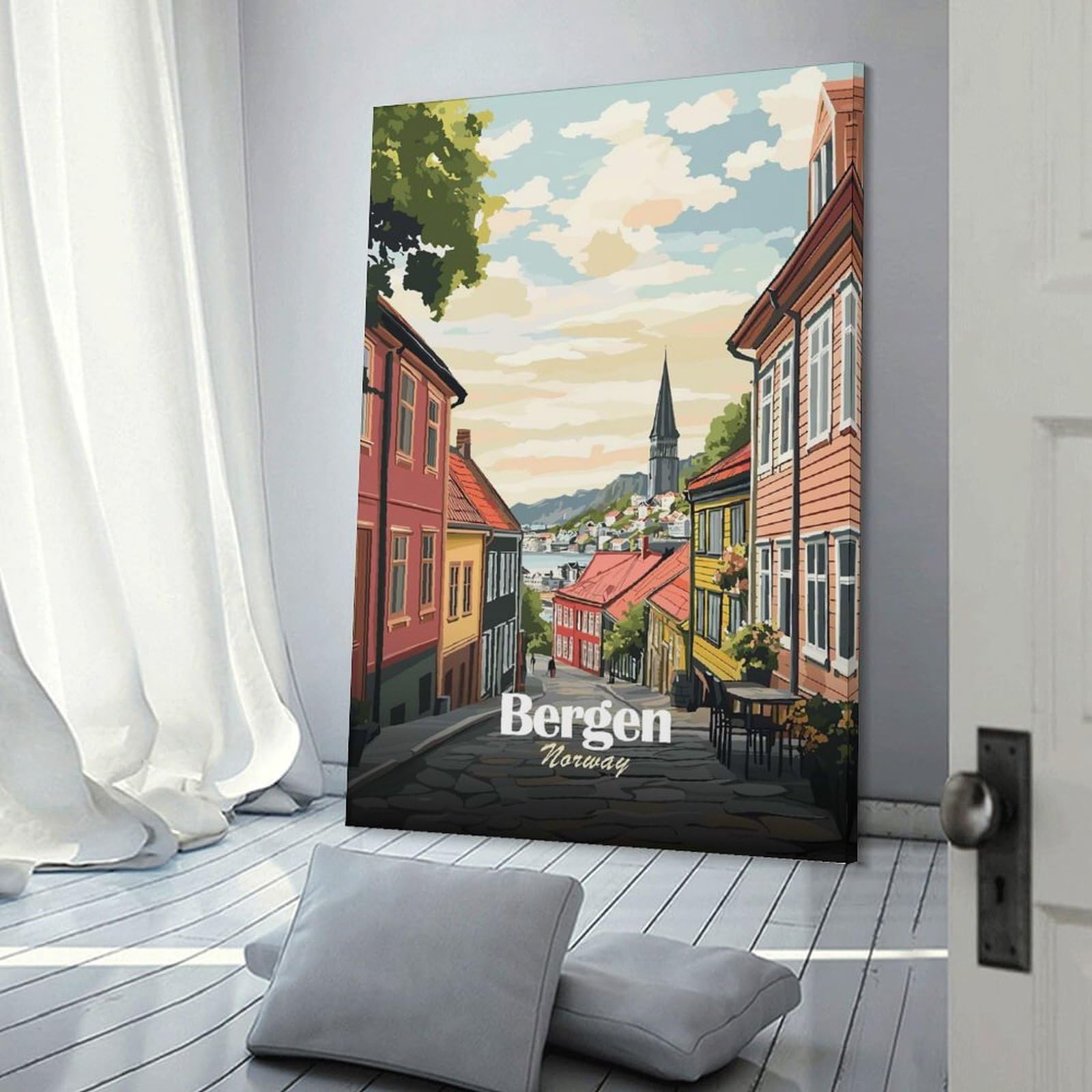 Junmoney Canvas Wall Art Bergen, Norway Street View Illustration, 12x18inch(30x45cm), for Corridors, Hallways Or Apartment Entries, Decorative Canvas Styling for Entry Areas