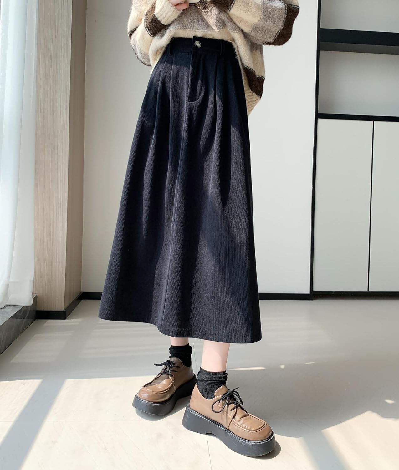 chouyatou Women's Vintage Corduroy A Line Skirt High Elastic Waist Pleated Swing Midi Long Skirt with Pockets - Image 2