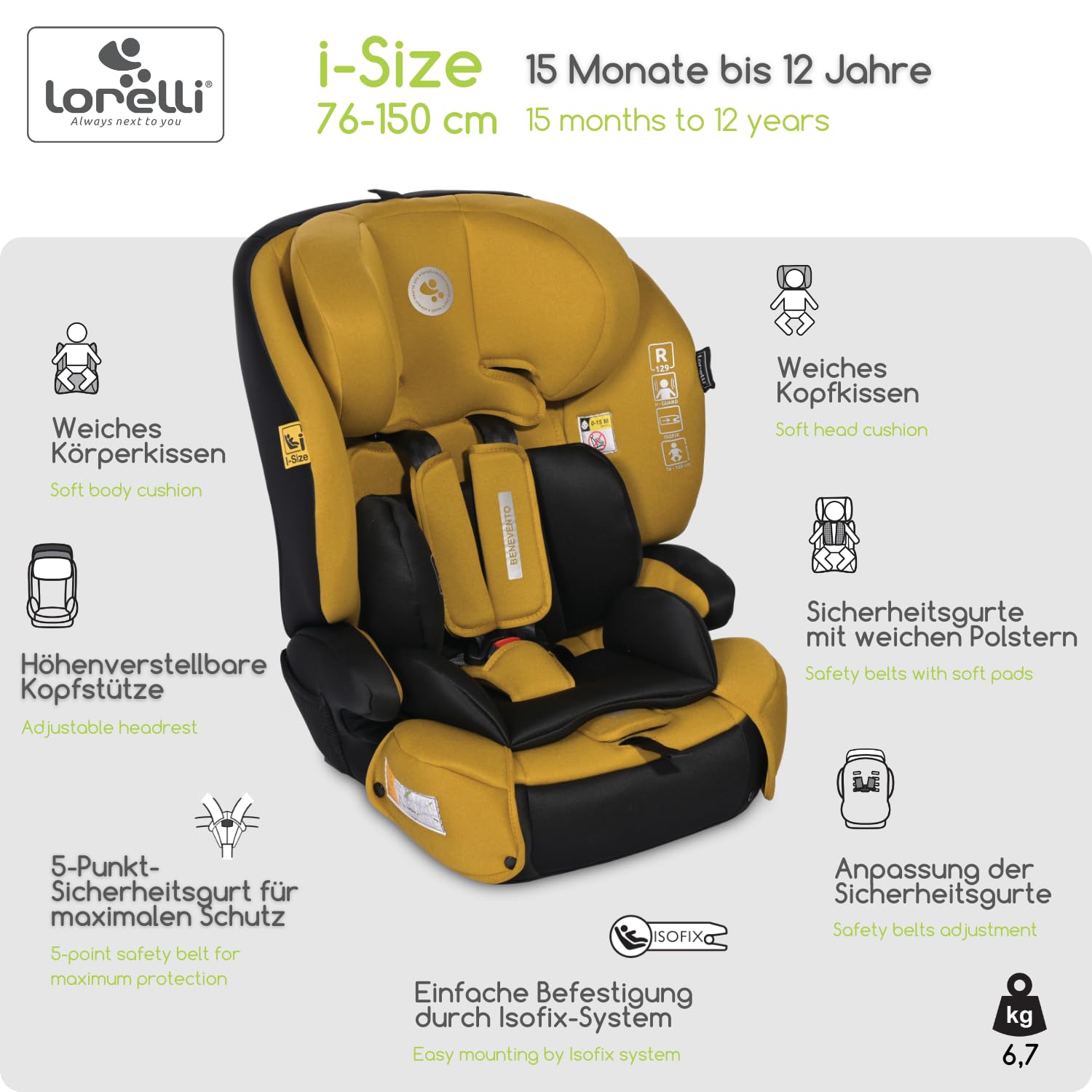 Lorelli Auto Kindersitz Benevento mit Isofix i-Size, Mitwachsender Autositz für Kinder von 76-150 cm, Babysitz, Autokindersitz, Einstellbare Kopfstütze, 5-Punkt-Sicherheitsgurt, gelb