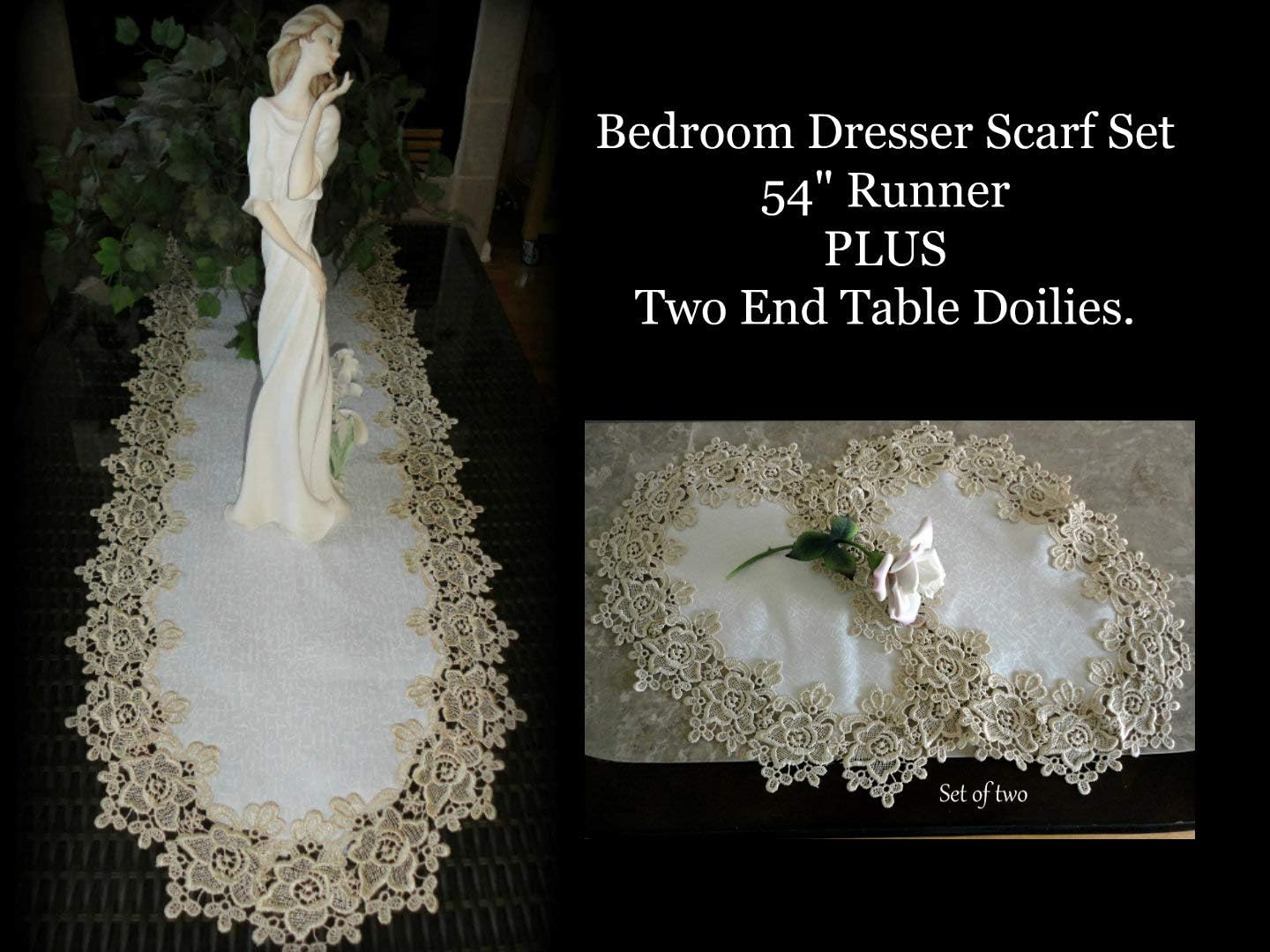 Galleria di Giovanni Rose Lace Dresser Scarf 54" Plus Set of 2 Doilies Soft Gold & White