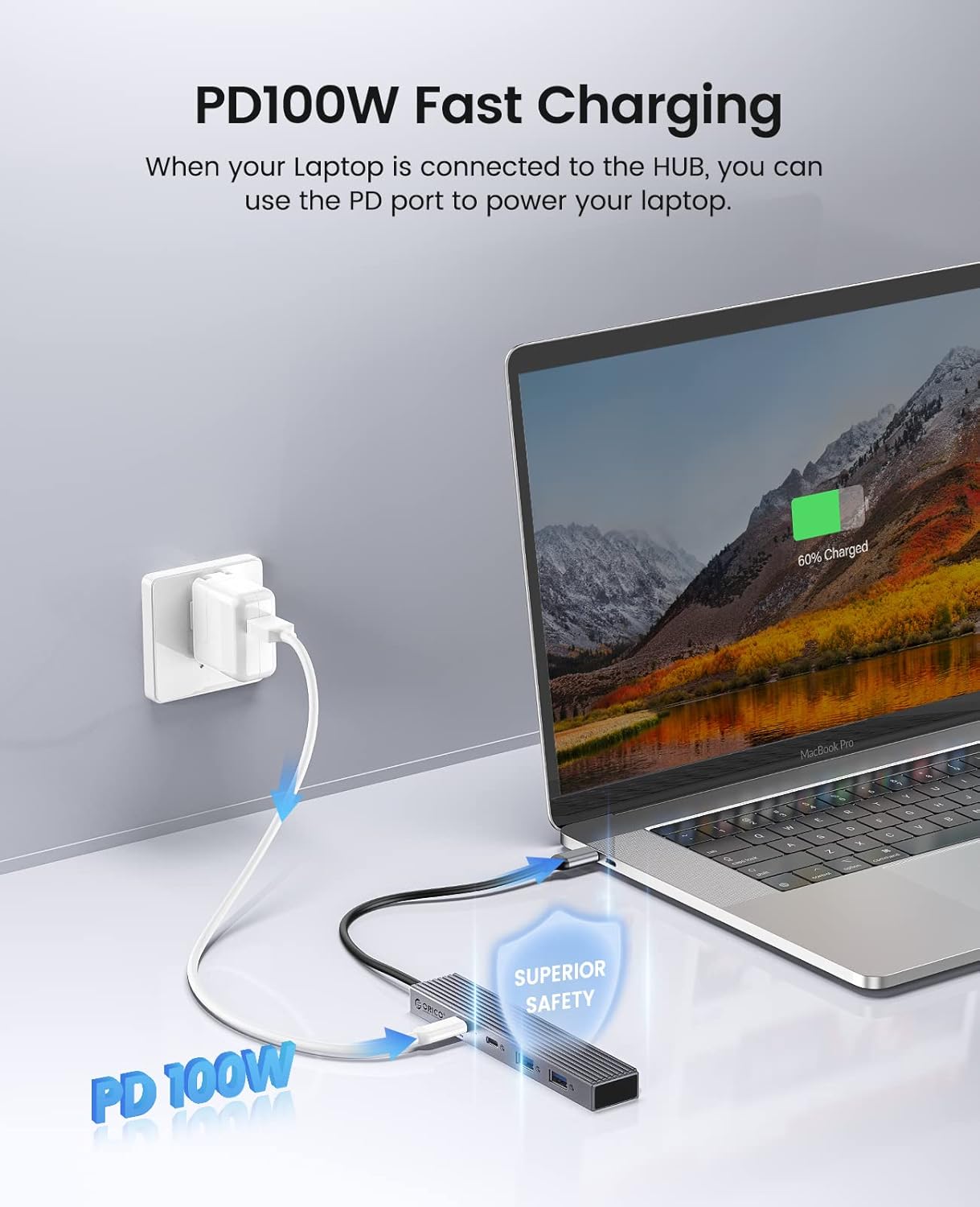 ORICO DHF-2U2C hub charging a MacBook Pro
