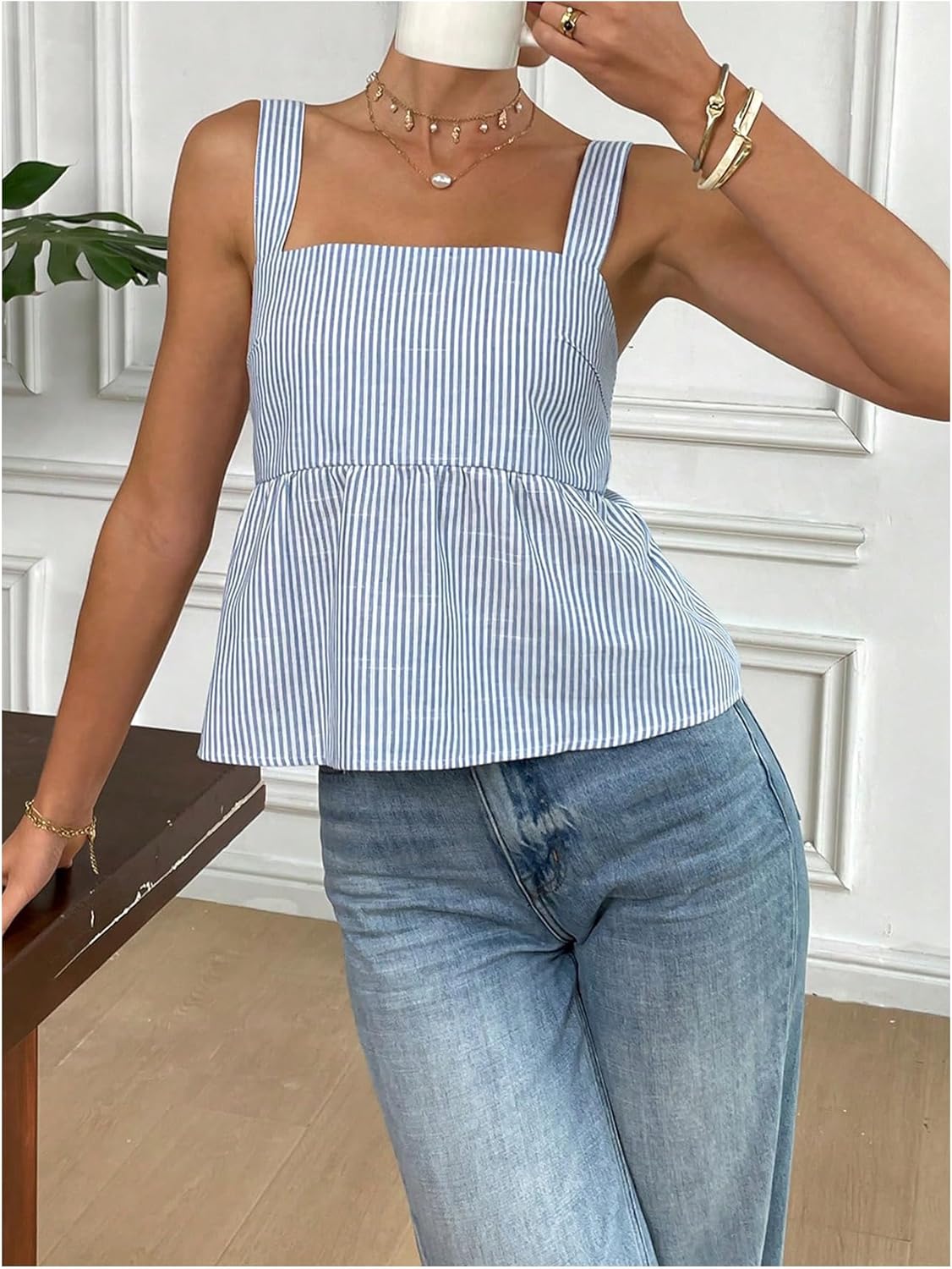 SOLY HUX Women's Striped Peplum Babydoll Tops Summer Tie Backless Square Neck Going Out Tank Top - Image 5