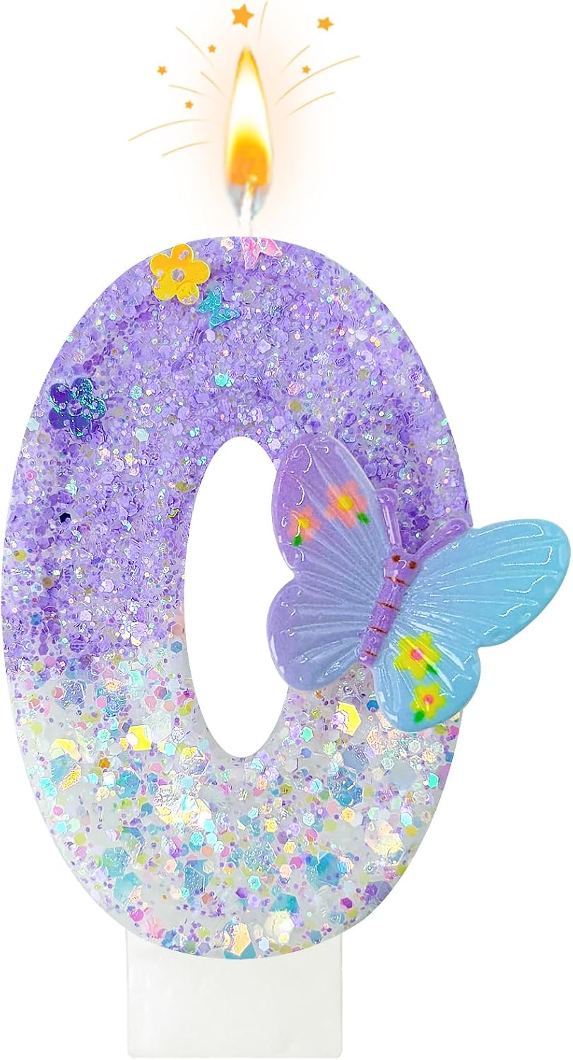 Number 0 Butterfly Birthday Candles - Purple Cake Candle Topper for Girls Birthday, 0 Birthday Party Decorations, Anniversary, Fairy Theme Celebration Supplies (Number 0)