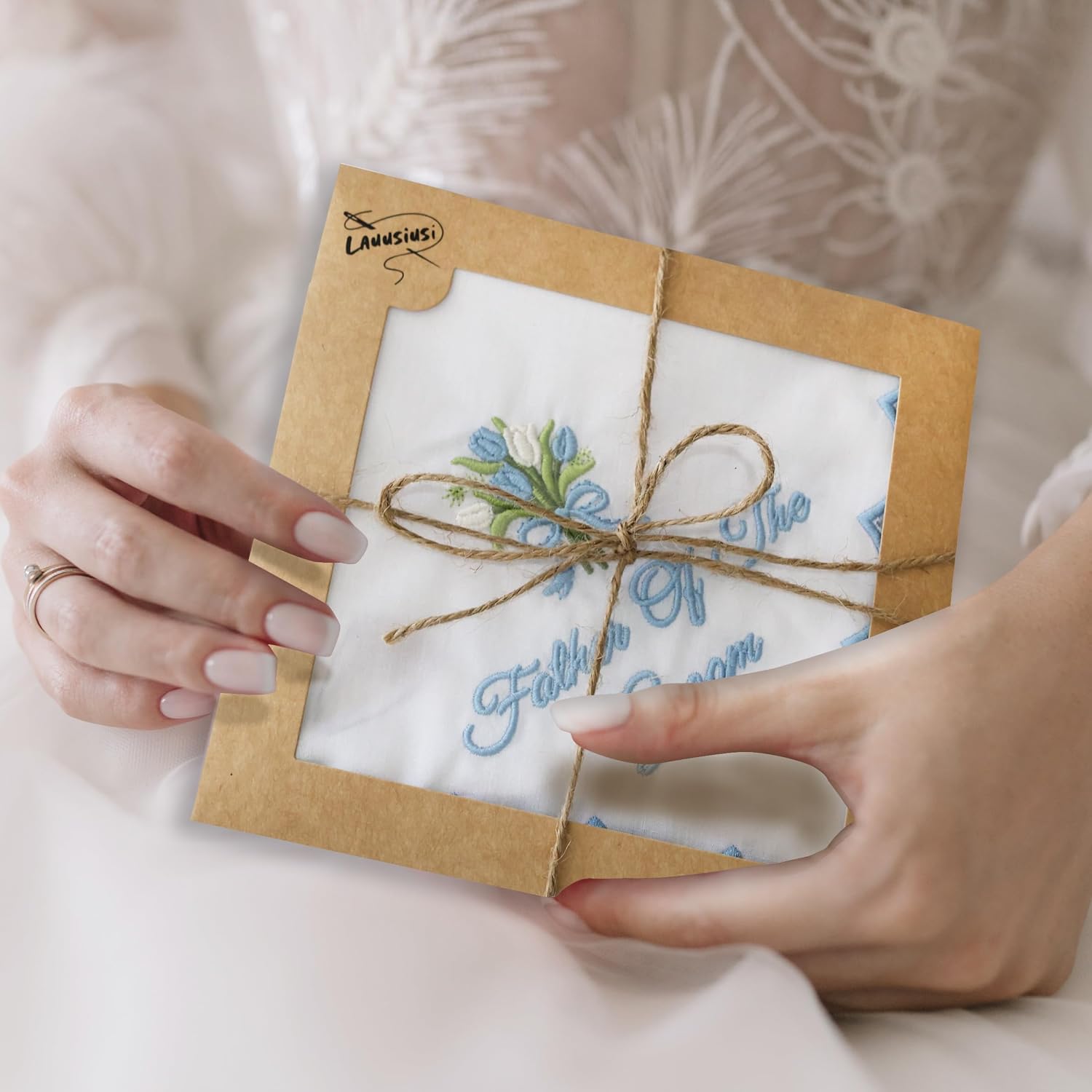 Wedding handkerchiefs - Mother Father of the Bride Gifts 11" x 11" Something Blue Embroidered Hankies Gifts image 4