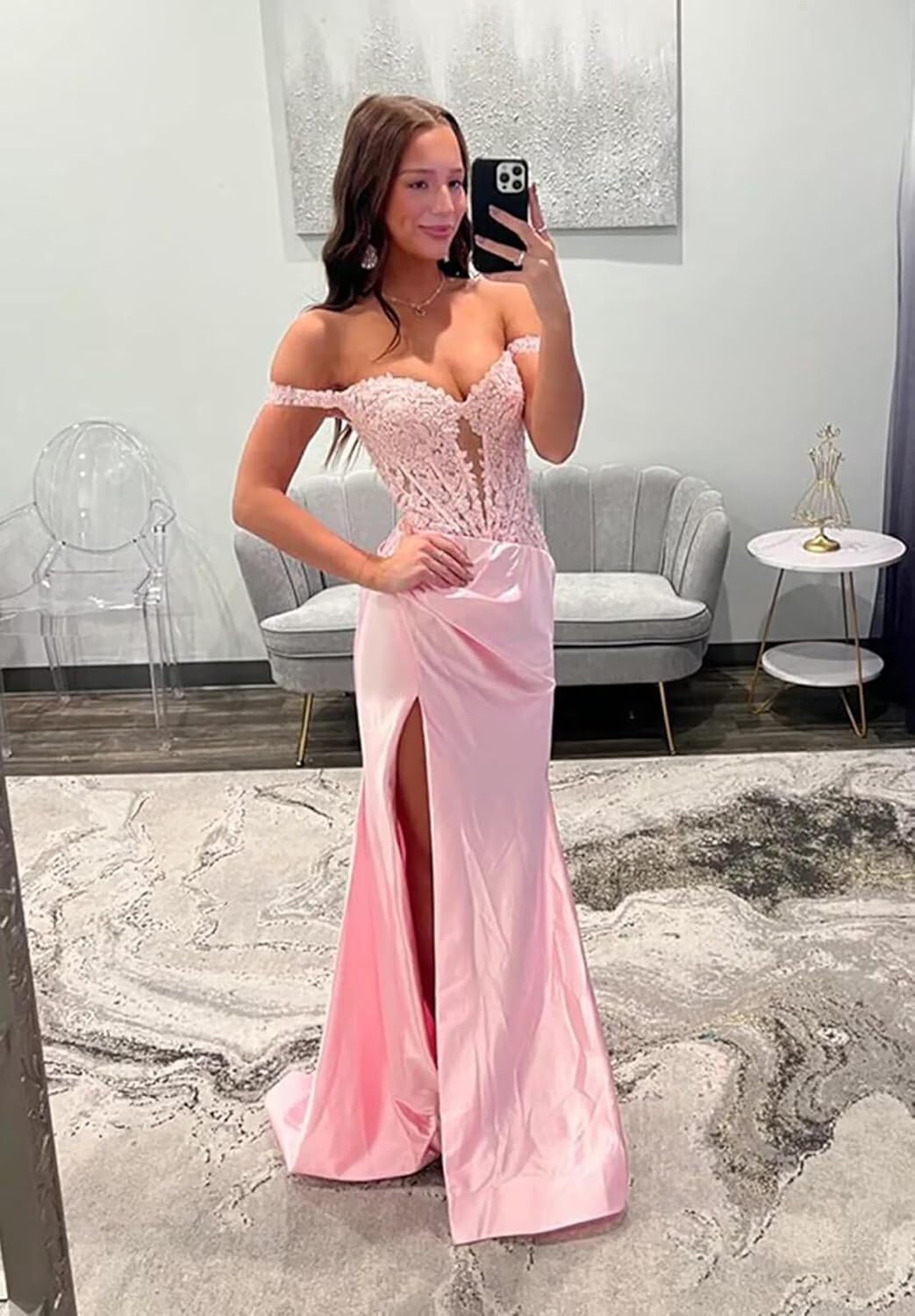 Mermaid Prom Dresses for Women Satin Lace Applique Backless Formal Evening Gowns with Slit HRJ41