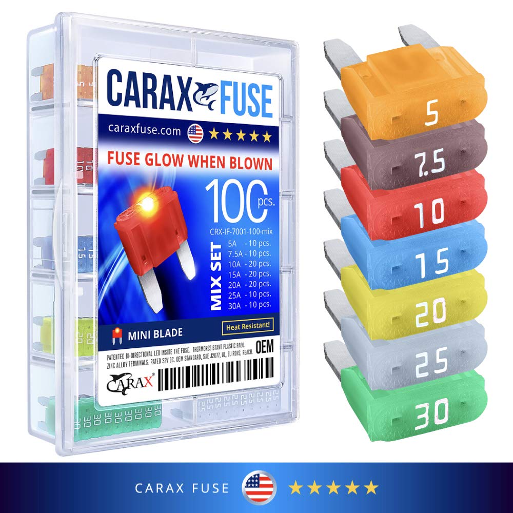 CARAX Glow Fuse – Premium Mini Blade – 100 pcs. Assortment Kit – Glow When Blown LED Automotive Fuse – Smart Auto Glow Fuse Easy Identification – Mix 100 pcs.