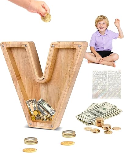 Miniatura 85 de Alcancía de madera con letras de madera, alcancía para niños y niñas, grande, 26 alfabetos, banco de dinero con nombre personalizado transparente