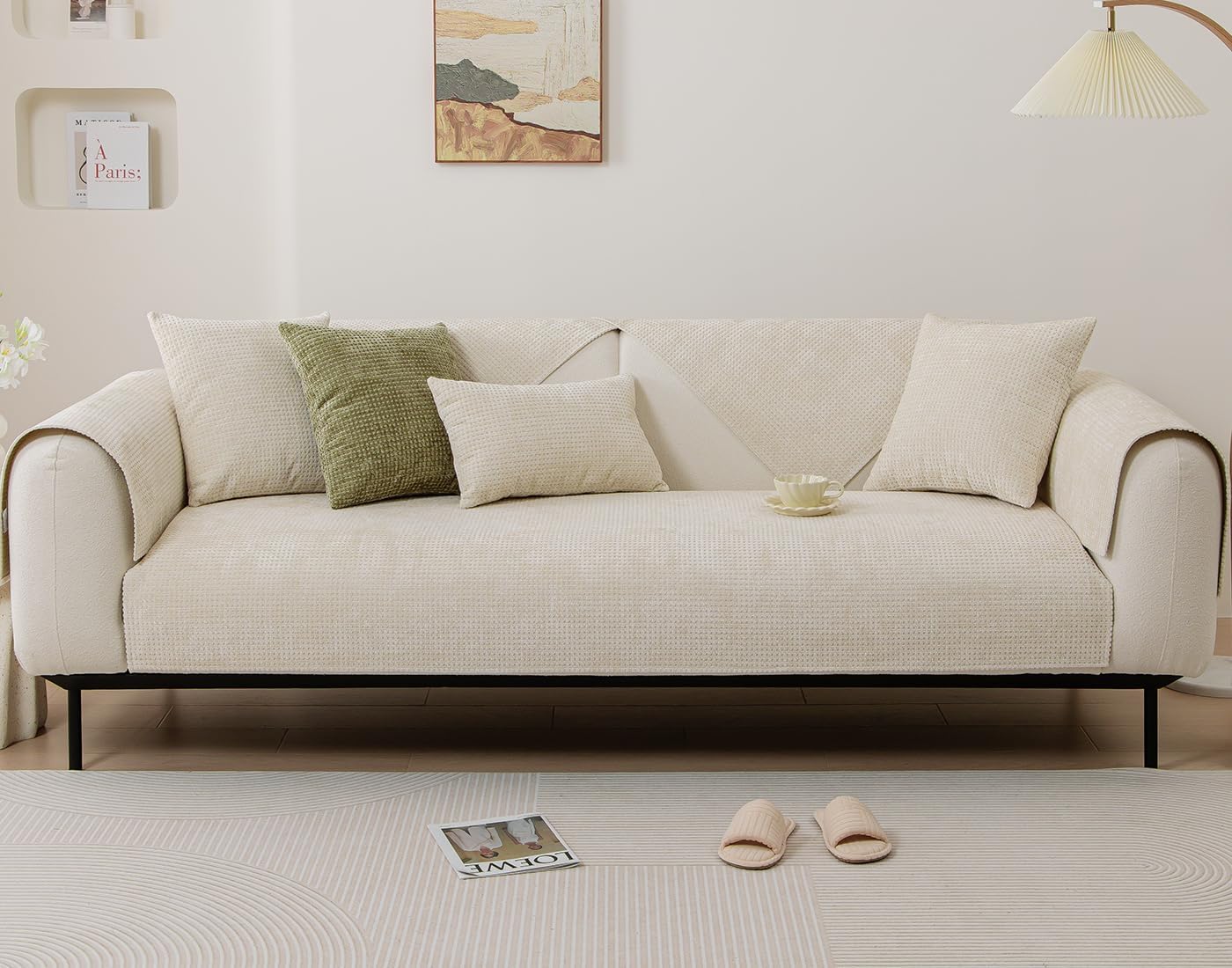 vctops Farmhouse Plaid Chenille Couch Sofa Cover Super Soft Plush Sectional Couch Covers Anti-Slip Solid Sofa Slipcover for Dogs, Children, Pets Furniture Protector (Beige,36"x94")
