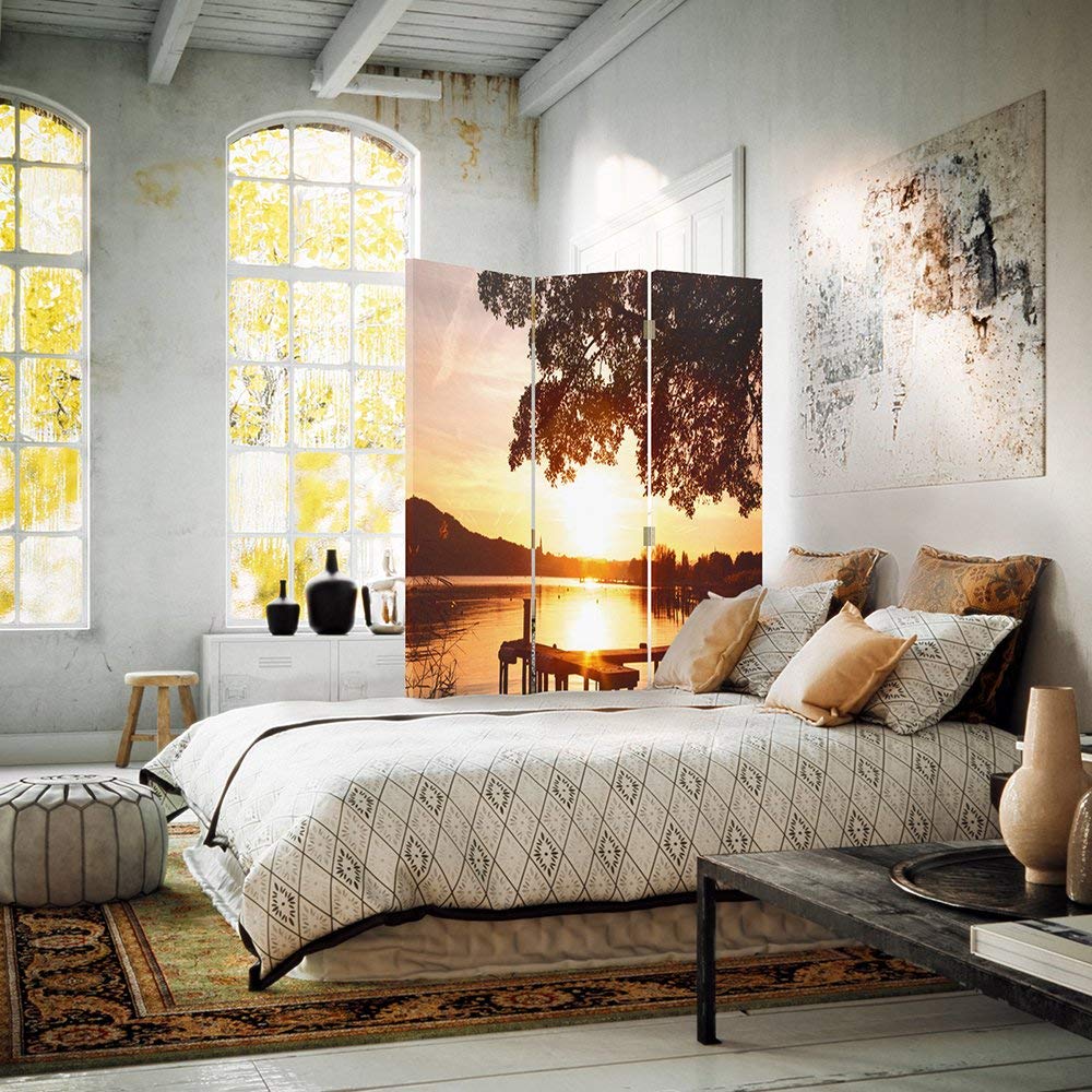 Feeby Paravent Port 3 Panneaux lac 110x180 cm Une Seule Côté Cloison de séparation Écran Pliant Foto Paravent Interieur Décoratif Mur Espagnol Impression sur Toile Chambre d'enfant Salon Bureau Jaune