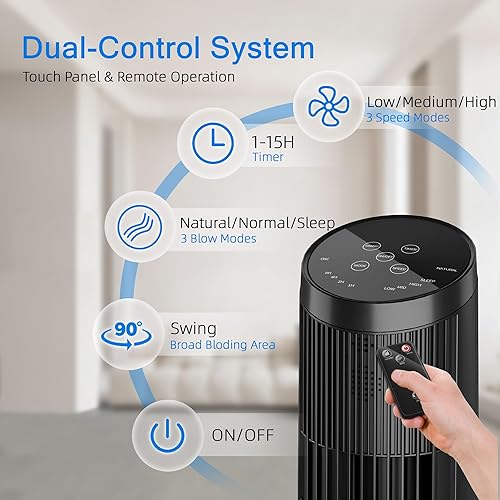 Miniatura 4 de Manastin Ventilador de torre para dormitorio, ventilador oscilante de 33 pulgadas con control remoto, 25 piess, silencioso de 25 dB, 3 velocidades y