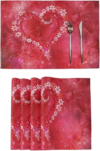 Wamika Love Hearts - Juego de 4 manteles individuales para el día de San Valentín, manteles individuales de arpillera, lavables, antideslizantes,