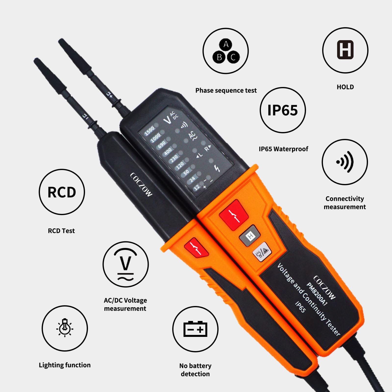 Spannungsprüfer,Durchgangsprüfer,automatischer Bereich 12V~1000V,IP65Multifunktions-Umfassender elektrischer Tester,kann AC/DC Spannung,Phasenfolge,Durchgang,RCD,batterielose Erkennung messen.