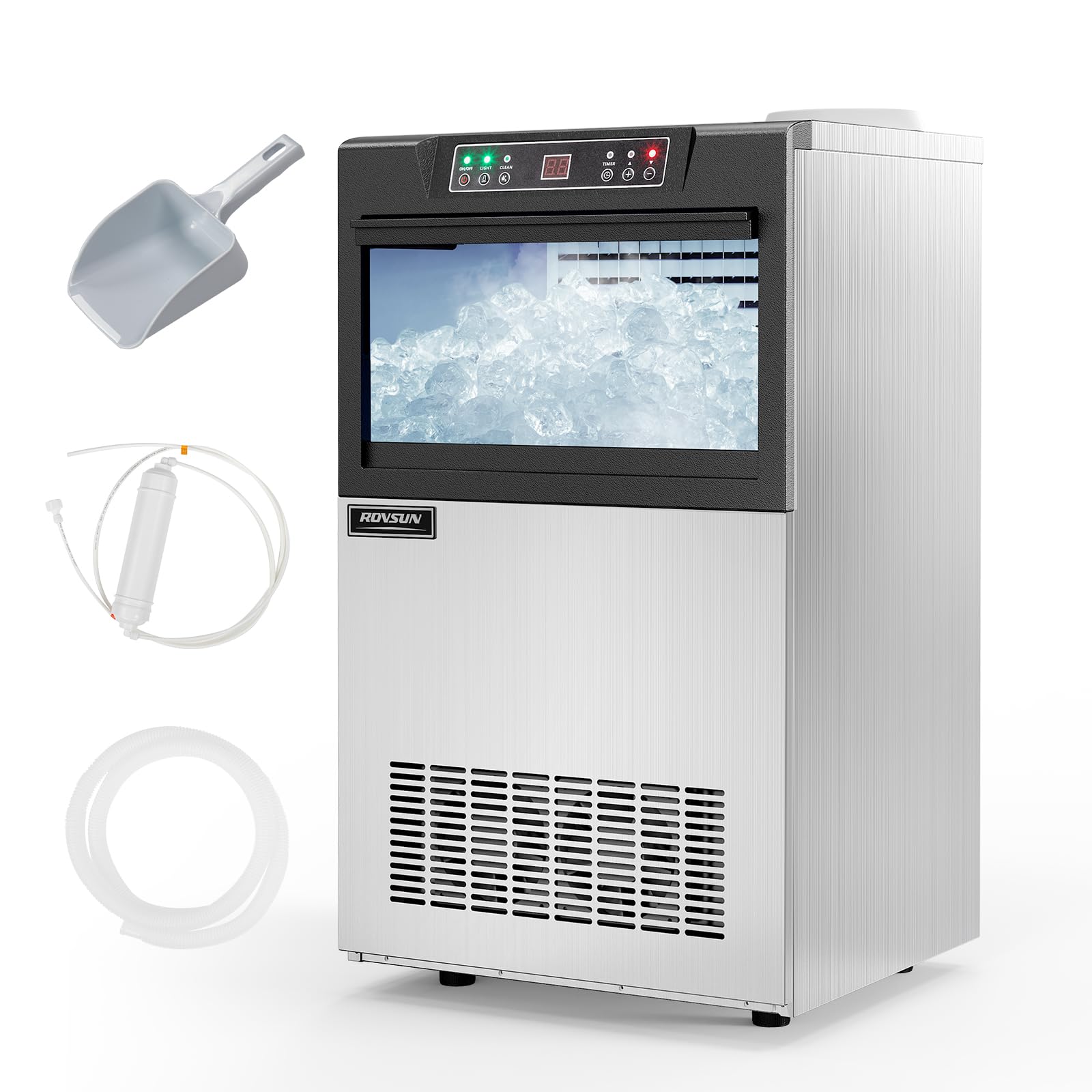 ROVSUN Gewerbliche Eiswürfelmaschine 50 kg/24H Kommerzielle Eismaschine mit Kompressor 50 Stück/14 Min. 23 kg Eislagerkapazität, Eiswürfelbereiter 24H-Timer, LCD-Anzeige, Selbstreinigung