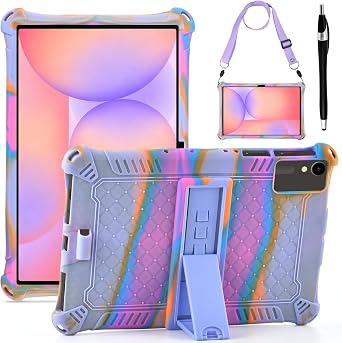 DETUOSI Case Compatible with Samsung Galaxy Tab S10 Lite/ S10 FE/ S9 FE 10.9"/ Tab S9 11 inch, with Shoulder Strap & Stylus Pen, Soft Silicone Multi-Angle Case for Galaxy S9 FE, Rose Red & Purple