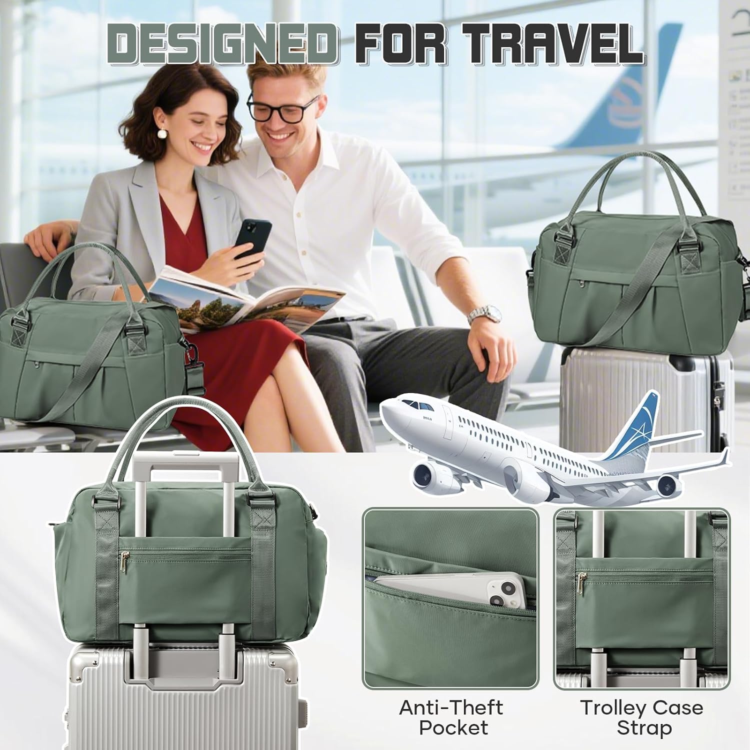 Travel Duffel Bag for Women - Small Waterproof Weekender Tote Carry on Bag with Shoe Compartment, Wet Pocket & Trolley Sleeve - Ideal for Gym, Yoga, Swim, Dance & Workout Green