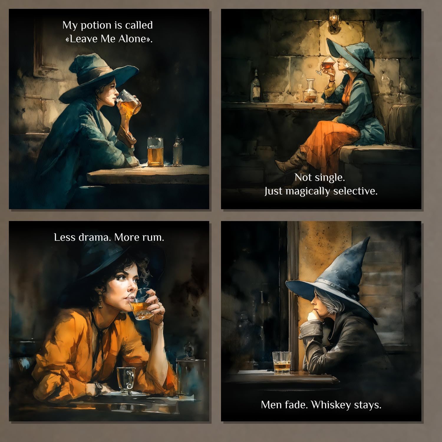 Potion Mood Tavern Fridge Magnets Set ~ Moody Witches Sipping Potions and Whiskey in dim Bars with Humorous captions About Solitude Emotional Distance and Magical self Reliance