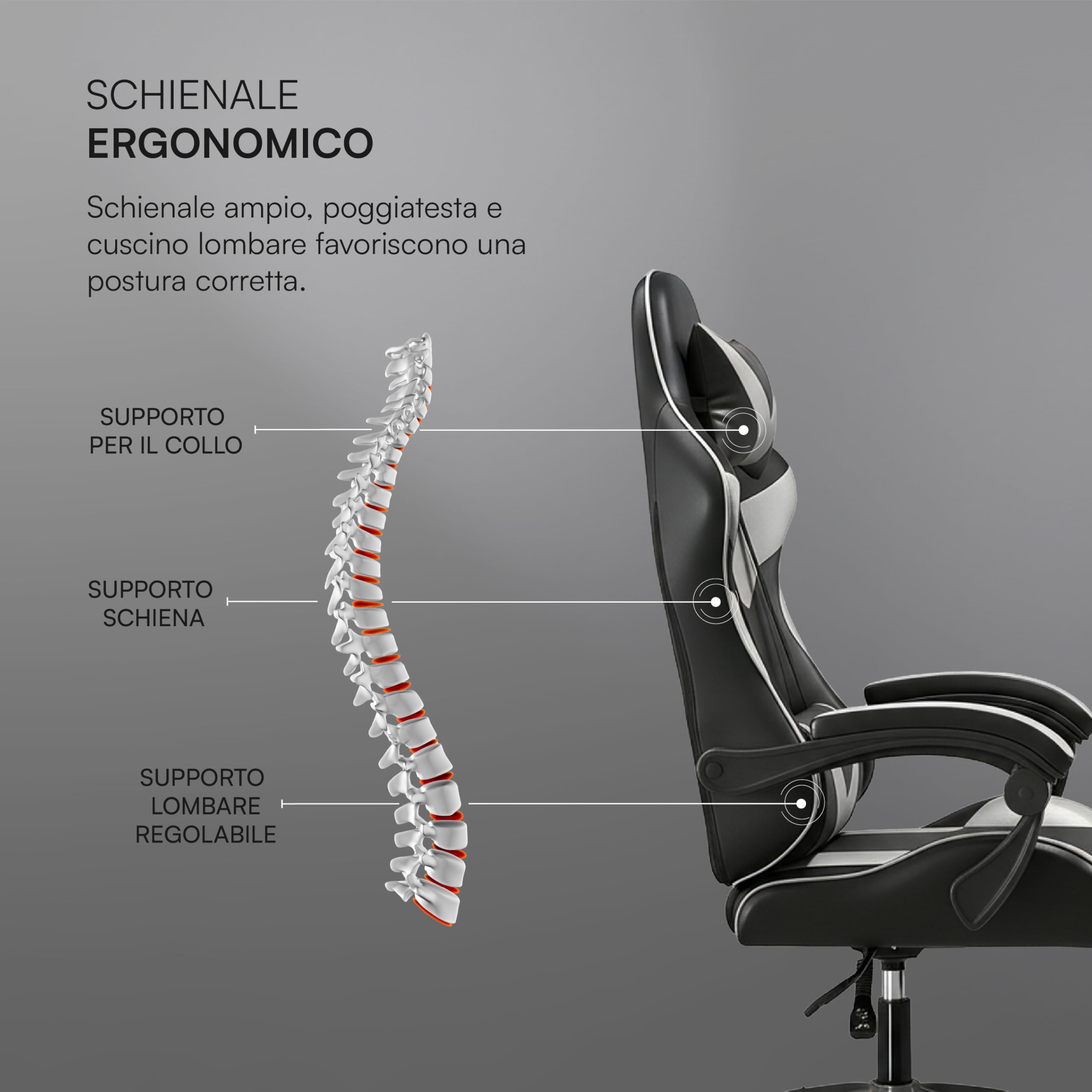 Baroni Home Sedia Gaming con Schienale Ergonomico Inclinabile e Altezza Regolabile, Sedia Ufficio con Supporto Lombare, Poggiatesta Imbottito, 50x62x110-120 cm, Nera e Grigia