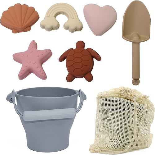 8 juguetes de playa de silicona para niños de 3 a 10 años, juguetes de arena que incluyen cubo, pala, 5 moldes de arena, bolsa de playa, juguete