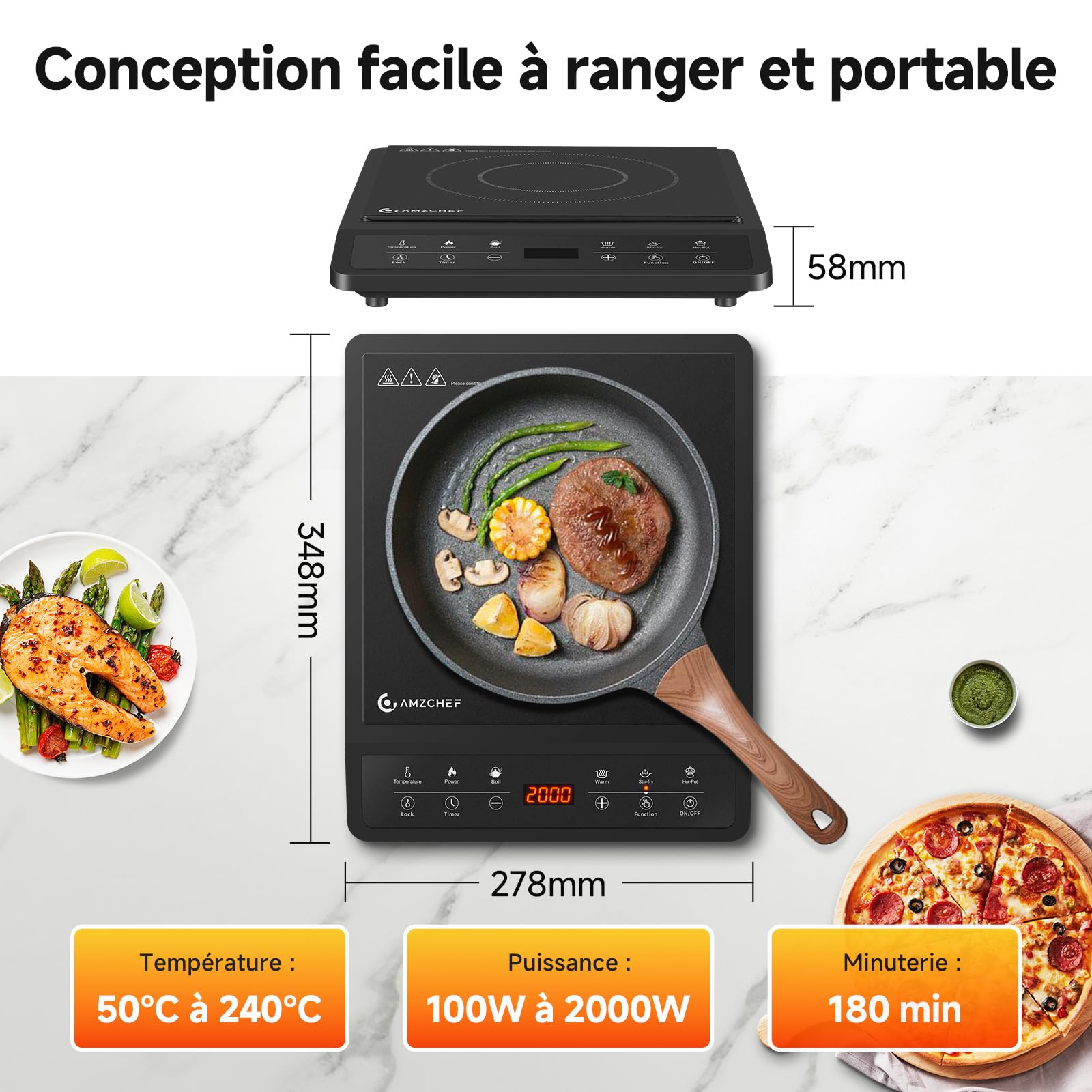 AMZCHEF Plaque Induction, Plaque à induction, 20 Réglages de Rempérature et de Puissance, Design Slim avec Plaque en Céramique Noire, Commande par Capteur, Timer 3H.