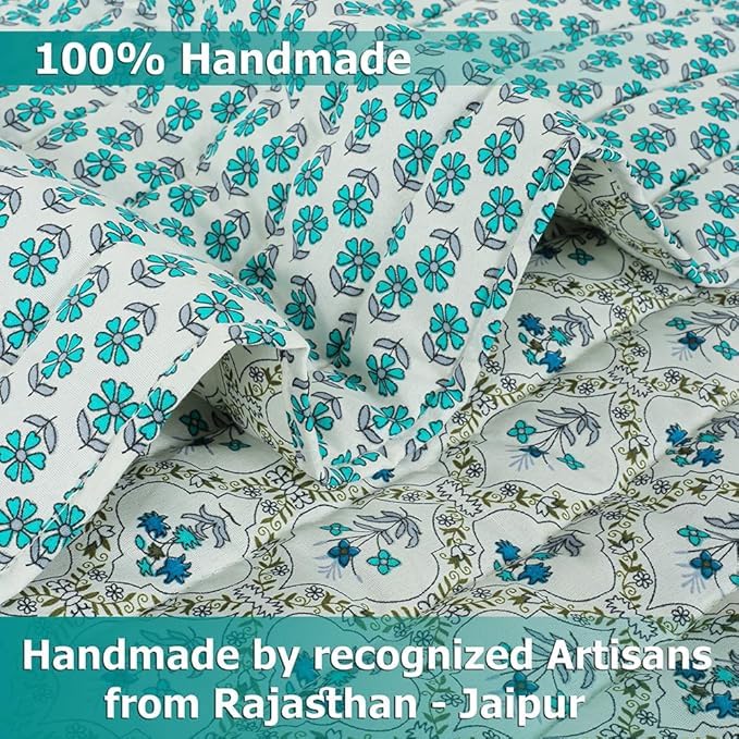 Image of SANMARINO Jaipuri Razai Single Bed Reversible Cotton Quilt | Traditional Ethnic Floral Print Dohar | Lightweight AC Comforter with Pure Cotton Filling | All-Season Blanket (Teal Blue)