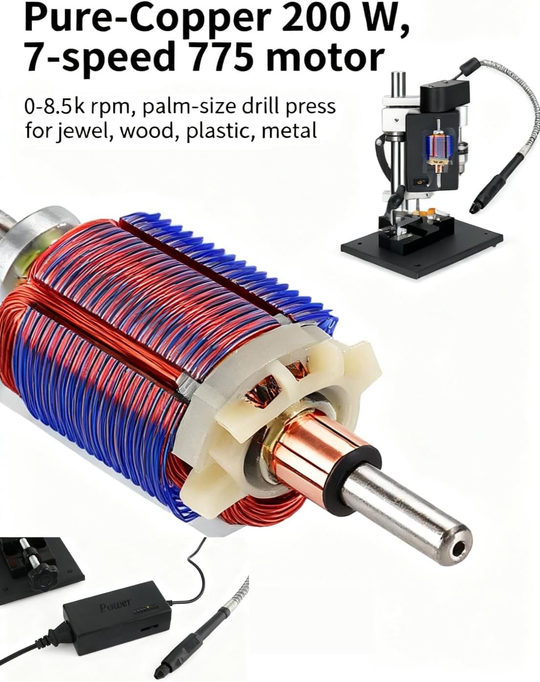 200W Mini Drill Press, Portable/Benchtop Drill Press | Pure-Copper Motor 8500 RPM | B10 + Flexible Shaft | 7-Speed Variable | 195-Piece Micro DIY Kit