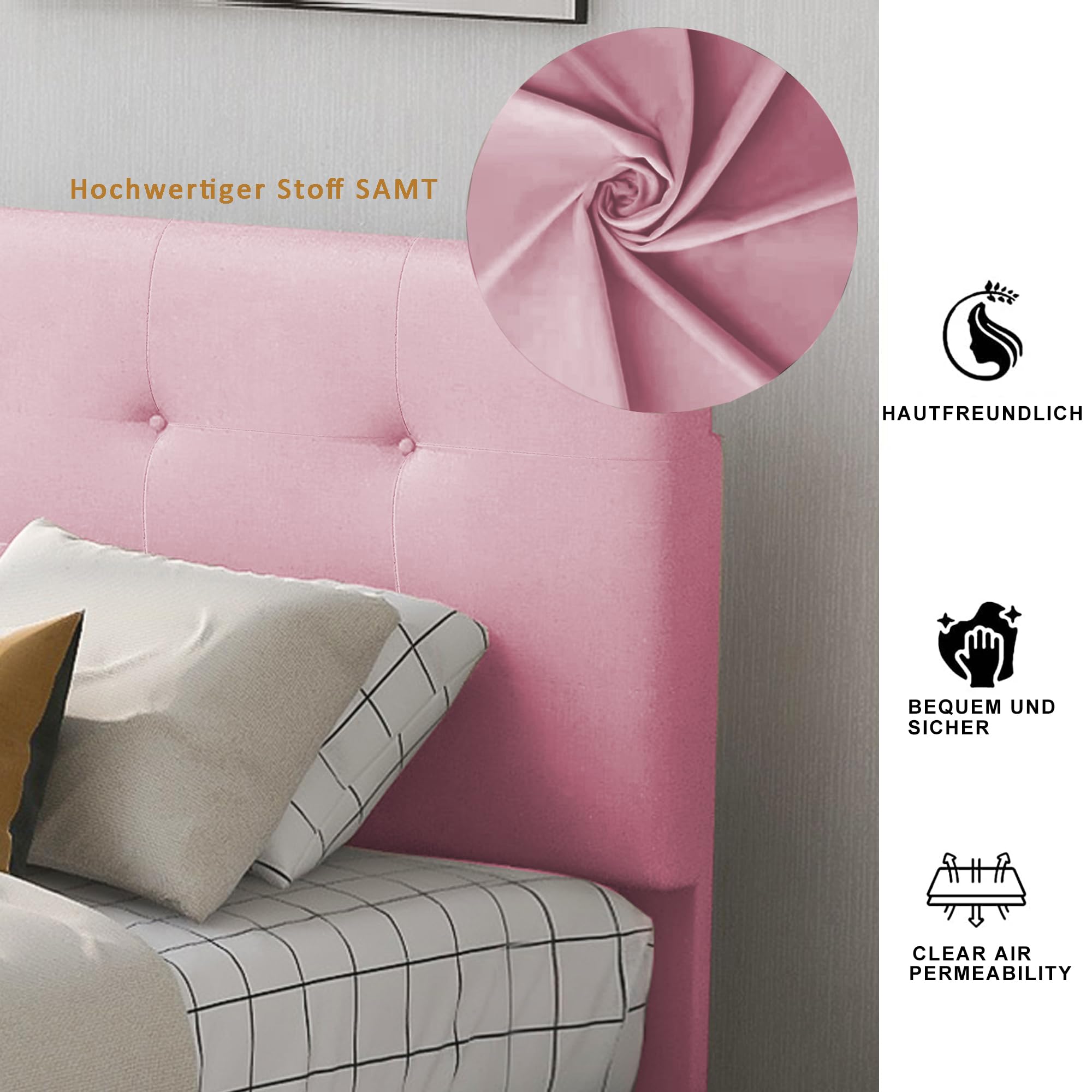 Merax Polsterbett Einzelbett mit 2 Schublade, Bett mit Lattenrost und Rückenlehne, Samtstoff, Kinderbett Jugendbett Gästebett, Stauraumbett, Schlafzimmermöbel, ohne Matratze, 90 x 200 cm, Rosa