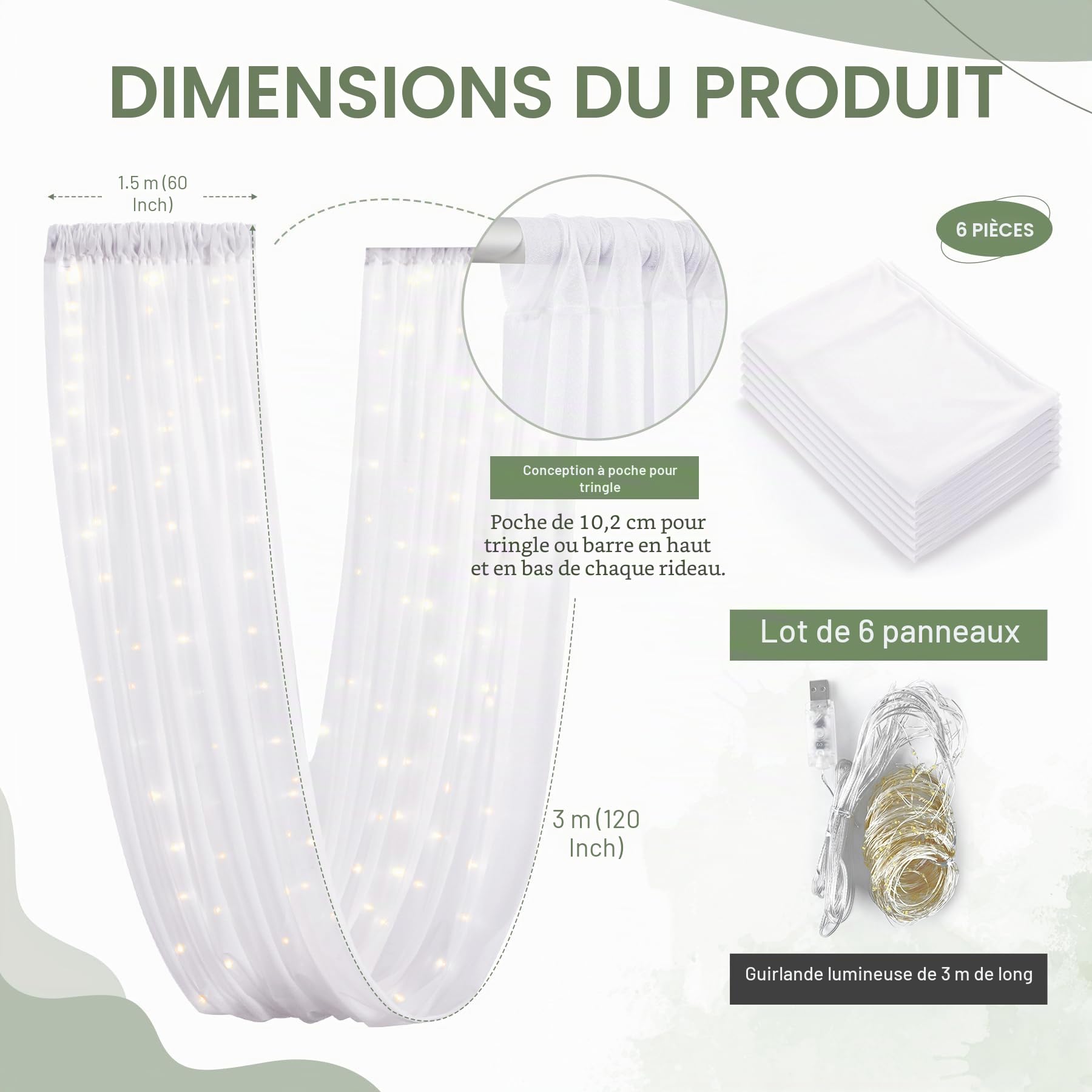 Lot de 6 rideaux de plafond blancs avec guirlandes lumineuses pour mariage – Rideaux de plafond en tulle transparent pour décoration de maison, fête, cérémonie, scène, 1,5 x 3 m
