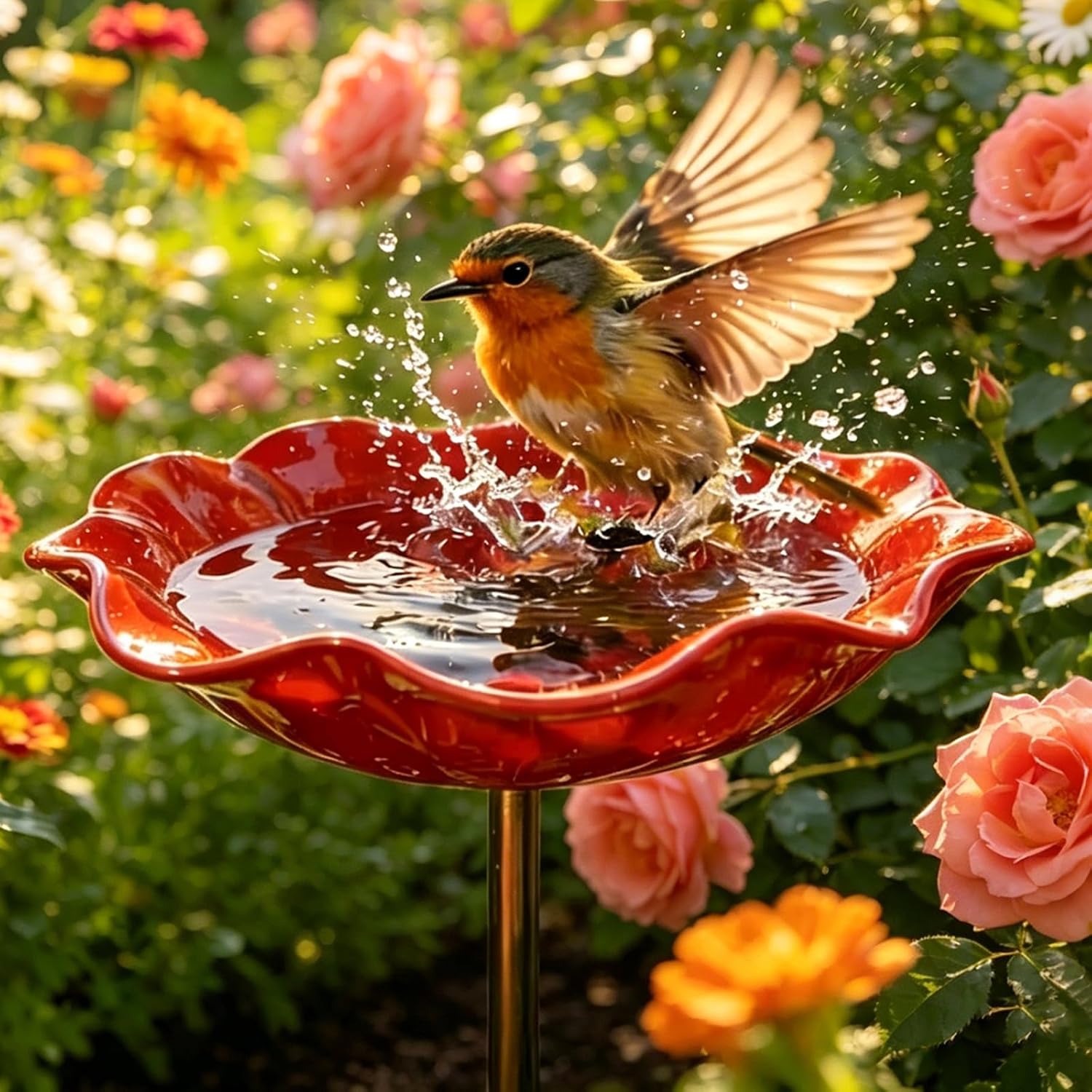 Metal Flower Garden Stakes Bird Bath, Handmade Bird Water Bowl, Bee Watering Station, Bee Baths for Garden Metal Bees Water Feeder, Flower Bowl for Outdoor Yard Decor (6 PCS)