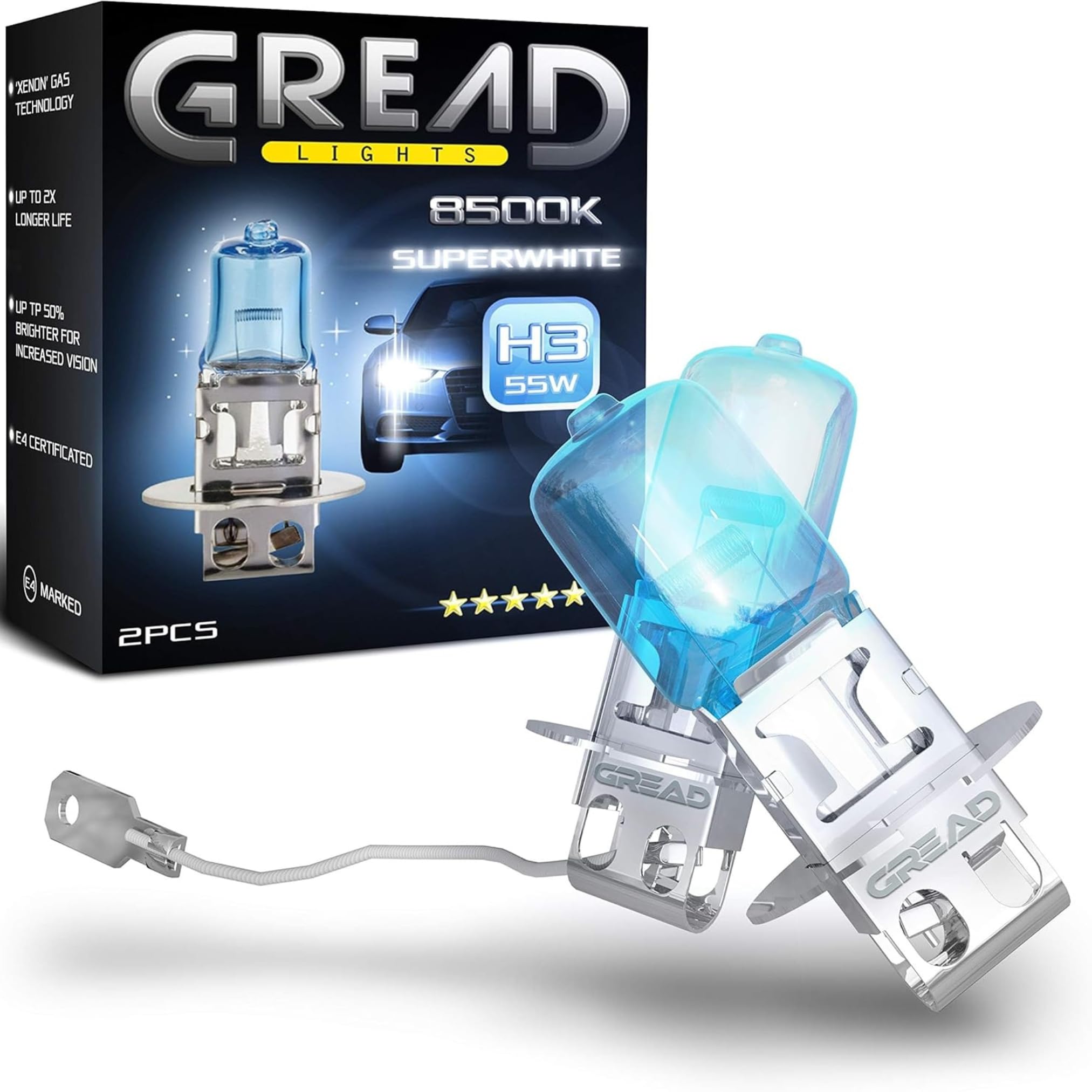 Gread - Lampada faro alogena 2x H3 - super bianco - 8500k 55W - E-mark