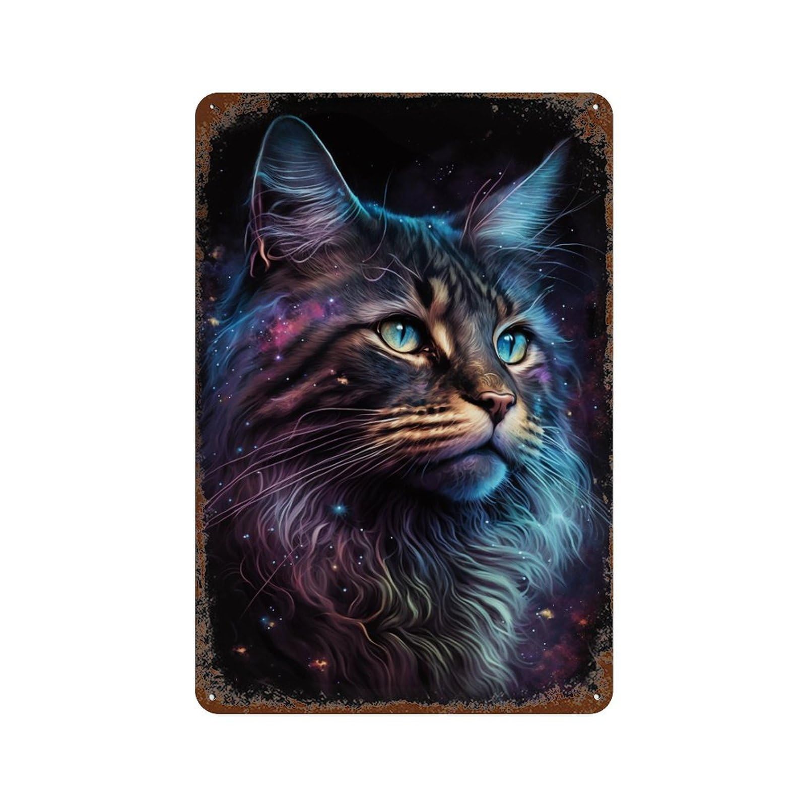 Cosmic Cat Portrait-18 11.8"x7.9" Weathered Tin Sign, Rustic Home Decor for Living Room, Hallway And Home Decor