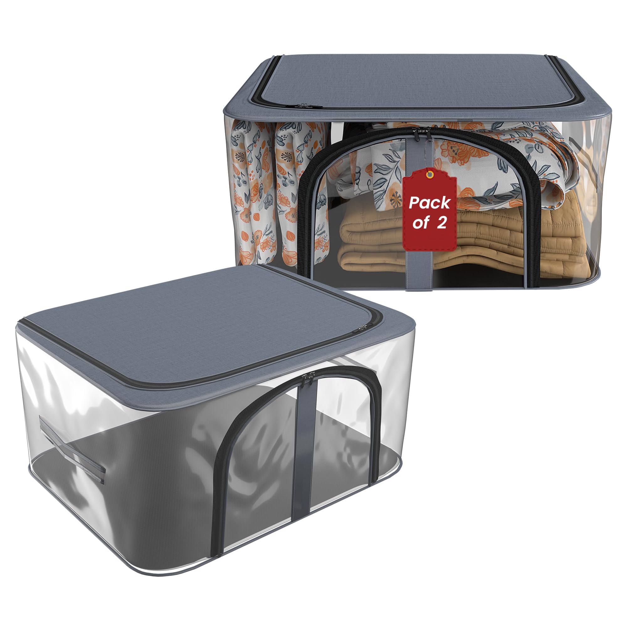 Kuber Industries Pack of 2 Pvc Transparent Zip Lock Saree Organizer for Wardrobe with Handles | Dress Storage Bag for Lehenga, Gown & Shawl | Bedsheet & Clothes Organiser for Storage | Grey