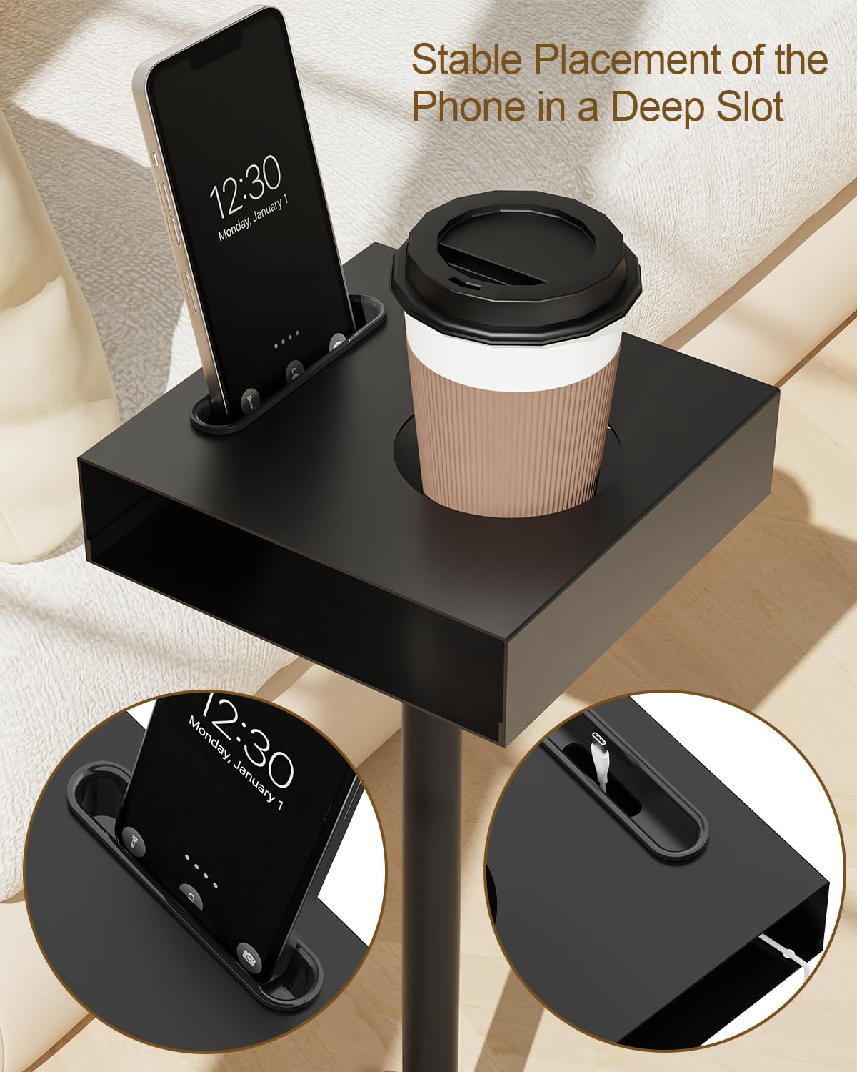 Yawinhe Set 2 Tavolino Laterale Moderno,Tavolino per Spazi Ridotti,Nero | Tavolo Compatto per Bevande;Tavolino Laterale Moderno da Divano con Slot per cellulari e bicchieri Per Camera da Letto