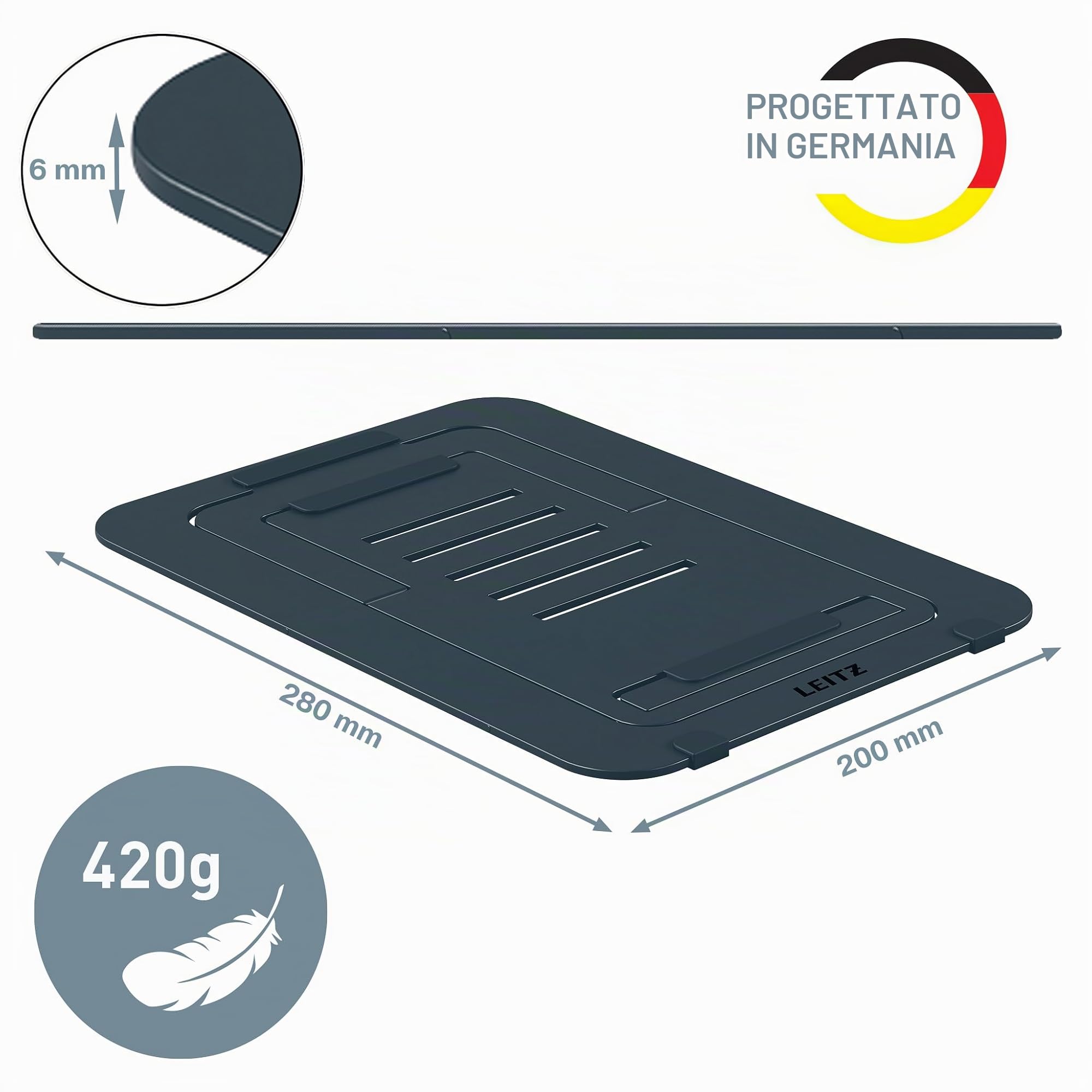 Leitz Supporto per Laptop in Alluminio, Design SlimLift, 5 Combinazioni di Altezza e Angolazione Preimpostate, per Laptop/Tablet da 10'' - 17'', Gamma Ergo, Grigio Scuro, 63460089