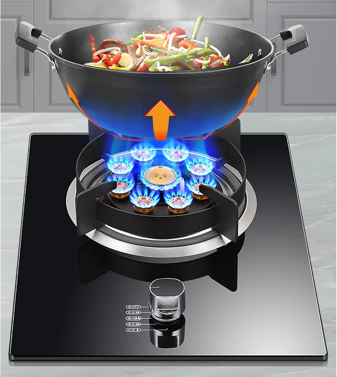 Gas Hob Burner 7.2KW Built-in 1, 13-chamber Wok, Explosion-proof Black Tempered Glass Panel, Easy to Clean, Suitable for Natural Gas/Propane(B,LPG)
