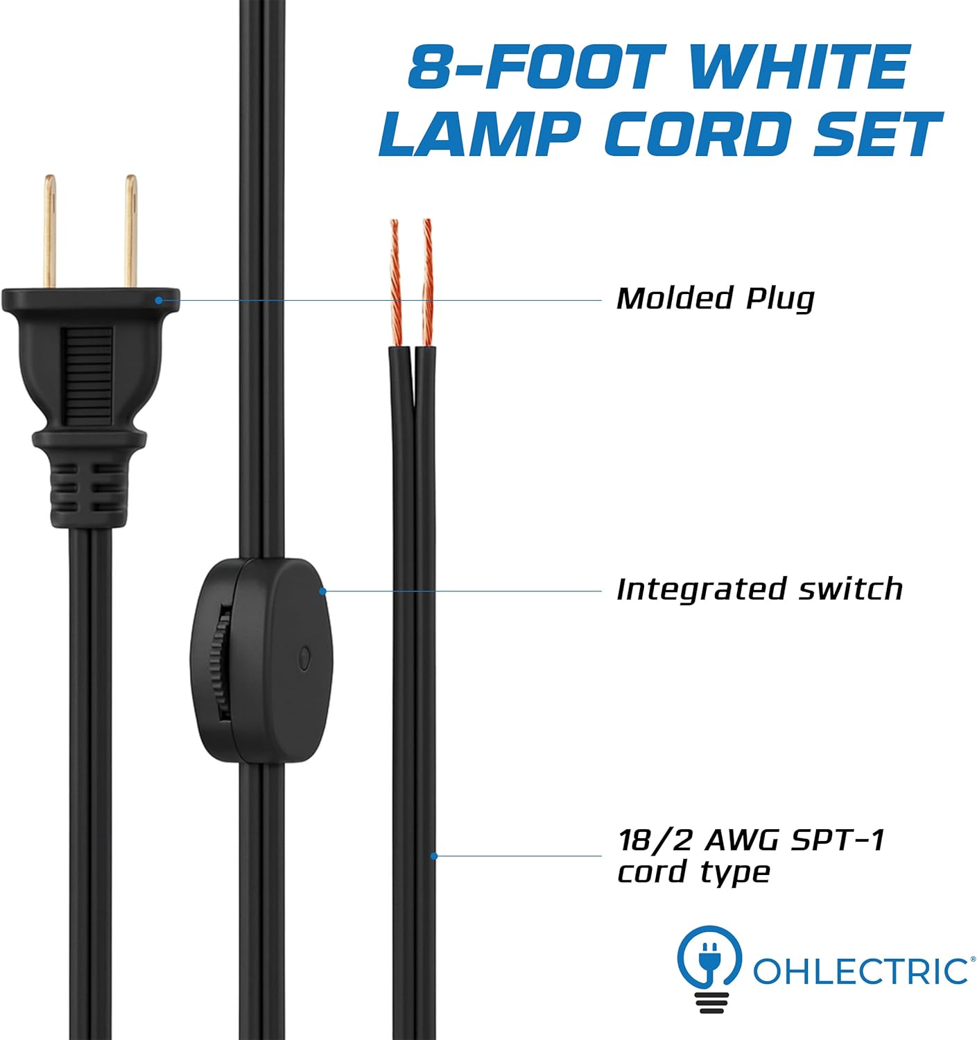 OHLECTRIC Black Lamp Power Cord Set with Rotary Switch, 8 Ft 18/2 AWG SPT-1 Replacement Wire, Stripped & Tinned Ends, Polarized Plug, Extension Cable for Table Lamps, Floor Lamps, DIY, UL Listed