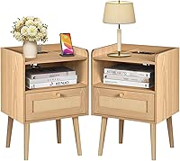 Night stand Set of 2, Bedside Tables with Charging Station, Rattan End Tables, Bed Side Tables, Wood Nightstands set of 2 for Farmhouse Kids' Room Bedroom Living Room Dorm Sofa Office Corner(Natural)