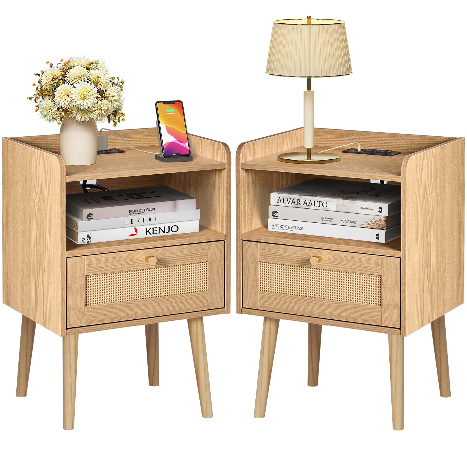 Night stand Set of 2, Bedside Tables with Charging Station, Rattan End Tables, Bed Side Tables, Wood Nightstands set of 2 for Farmhouse Kids' Room Bedroom Living Room Dorm Sofa Office Corner(Natural)