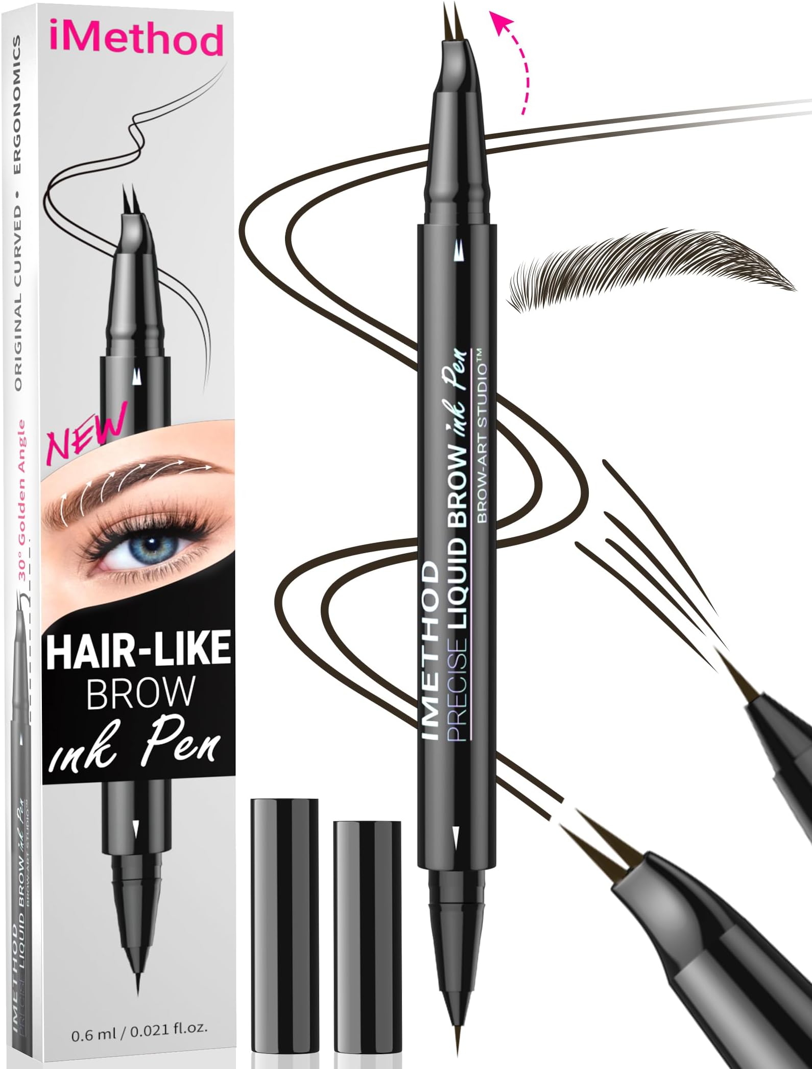 iMethod Curved Eyebrow Pen - Eyebrow Pencil, Brow Pencil 2-in-1 Dual-Ended Microblading Eyebrow Pen with Micro-Fork-Tip and Precise Brush-Tip Create Natural Hair-Like Brows, Last All-Day, Black Brown