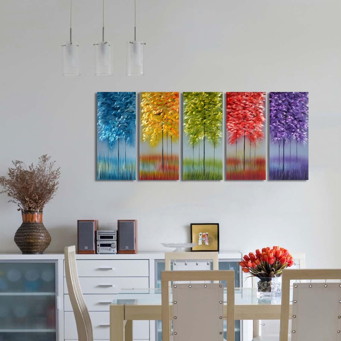 MyArton Handmade Metal Wall Art with Bog Life Multi-Colored Tree, 3D Abstract Design Artwork for Modern and Contemporary Decor, Indoor Outdoor Wall Decorations, 5-Panels Metal Art Measure 24"x 64" MyArton MWA-1102