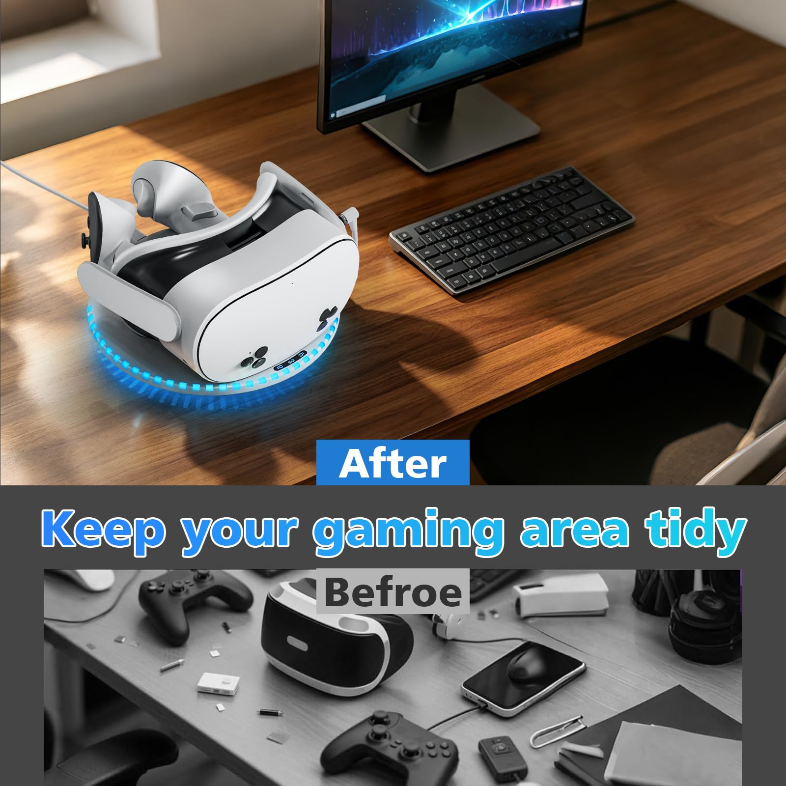 Stazione di ricarica per Meta Quest 2/3/3S, Bianco, Dock di ricarica rapida con illuminazione RGB per controller, supporto per visore VR e controller, 2 batterie ricaricabili