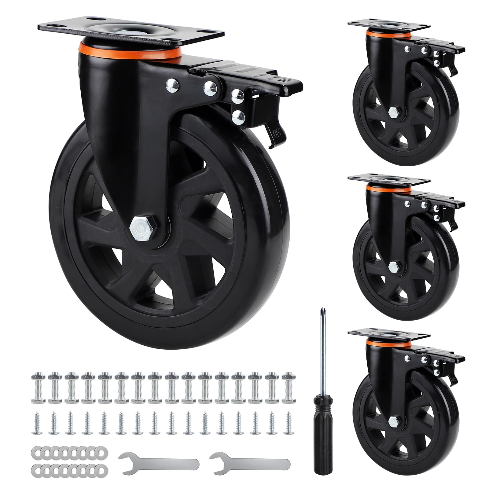 SWAWIS 4Pcs Ruedas Giratorias 150mm, Ruedas Pesados con Freno, Rueda Pivotantes Poliuretano con Tornillos Hasta 800kg, Ruedas para Muebles, para Hogar Oficina Fábrica