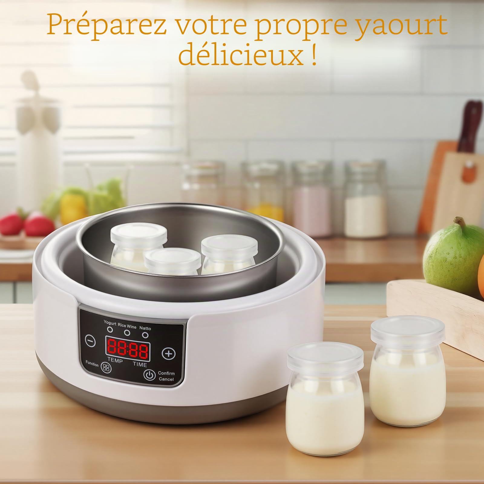 Euakee Yaourtière, Machine à Yaourt Maison, Yaourtière Électrique avec 5 Pots en Verre de 100ml, Thermostat Réglable et Affichage Numérique, pour Fabrication Maison de Yaourt, Natto