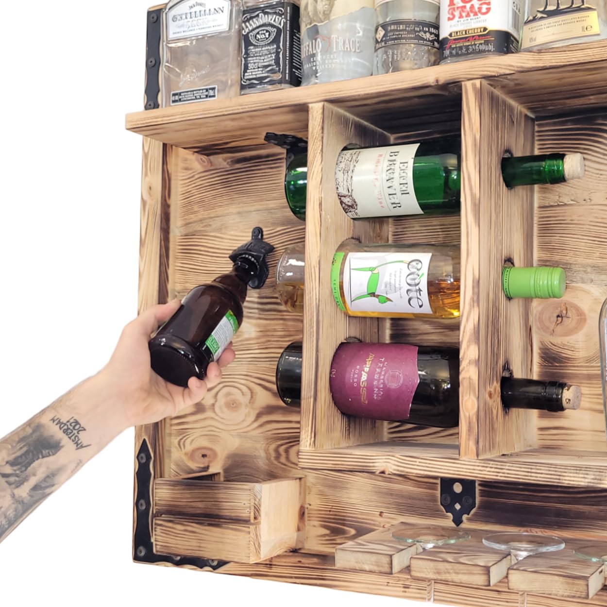weeco Holzregal Hausbar zum Hängen - Handgemacht Rustikale Stil Wand Bar Flaschenregal Holz - Weinbar Regal Geschenk für männer - Hölzernes 3D-Bild Schnapsbar